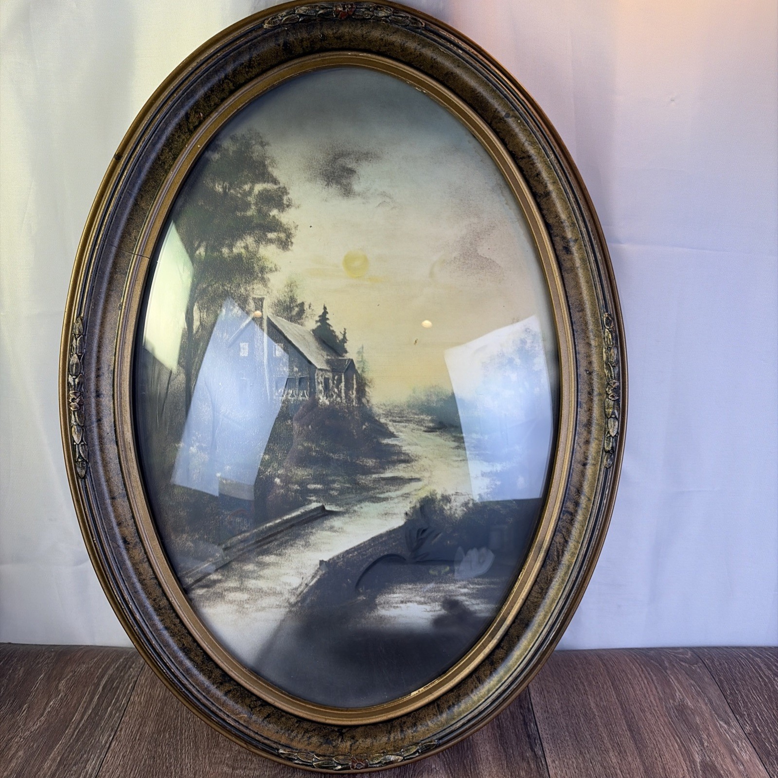 Antique Oval Ornate Bubble Glass Convex Large Picture Frame Landscape Scene