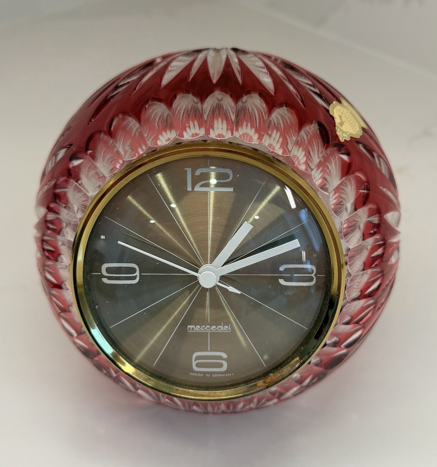 Vtg Imperlux Ruby Red Cut to Clear Crystal Clock Mercedes GDR East Germany Works