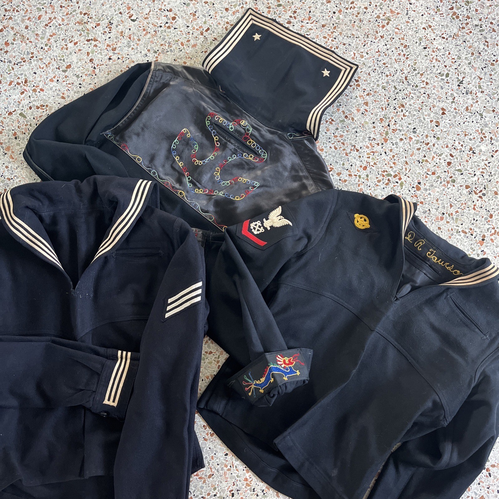 3 WWII Vietnam Era US NAVY Wool SAILOR Crackerjack Uniform Shirt USN Embroidered