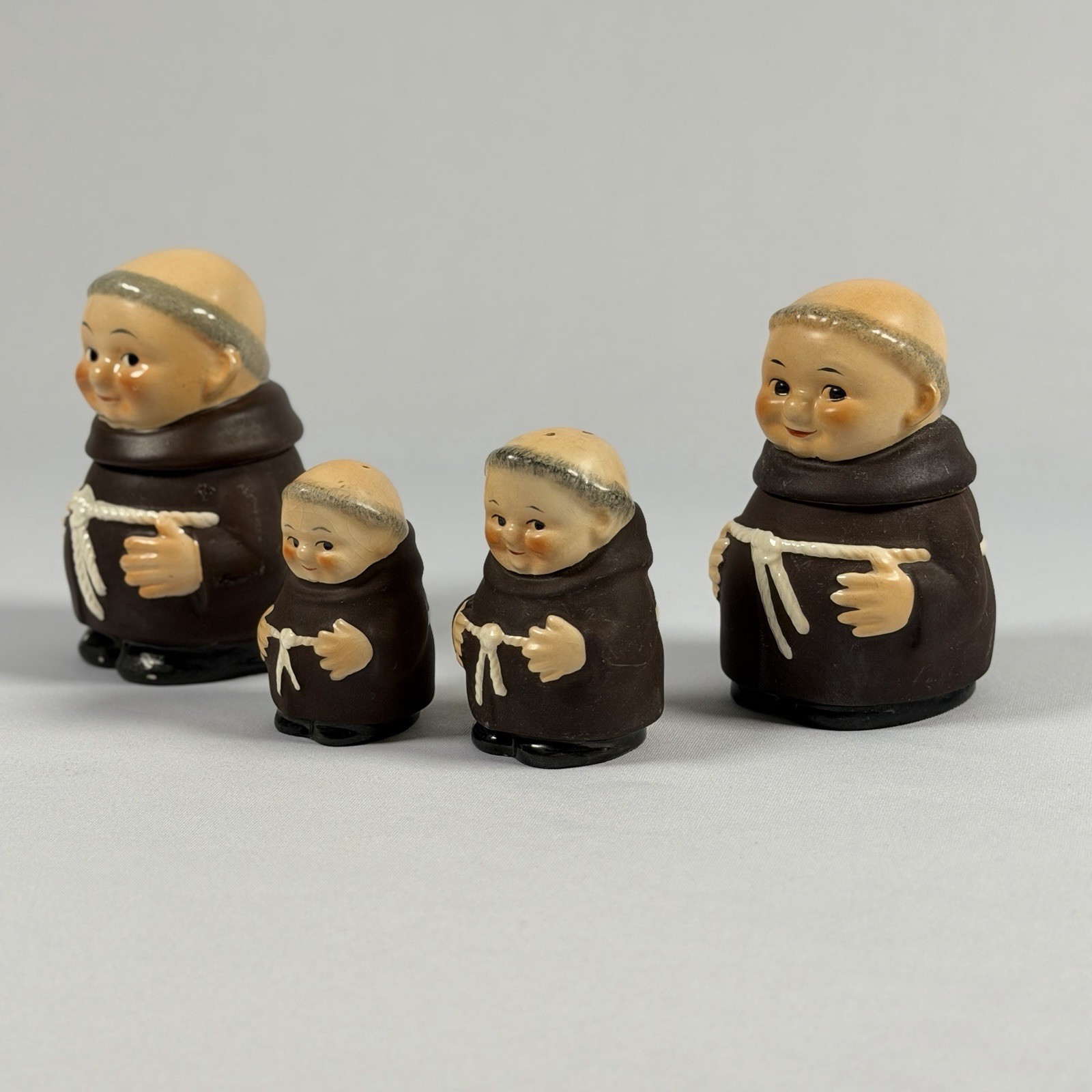 Vtg Goebel Friar Tuck Condiment Set Salt Pepper Shakers Lidded Jars W Germany