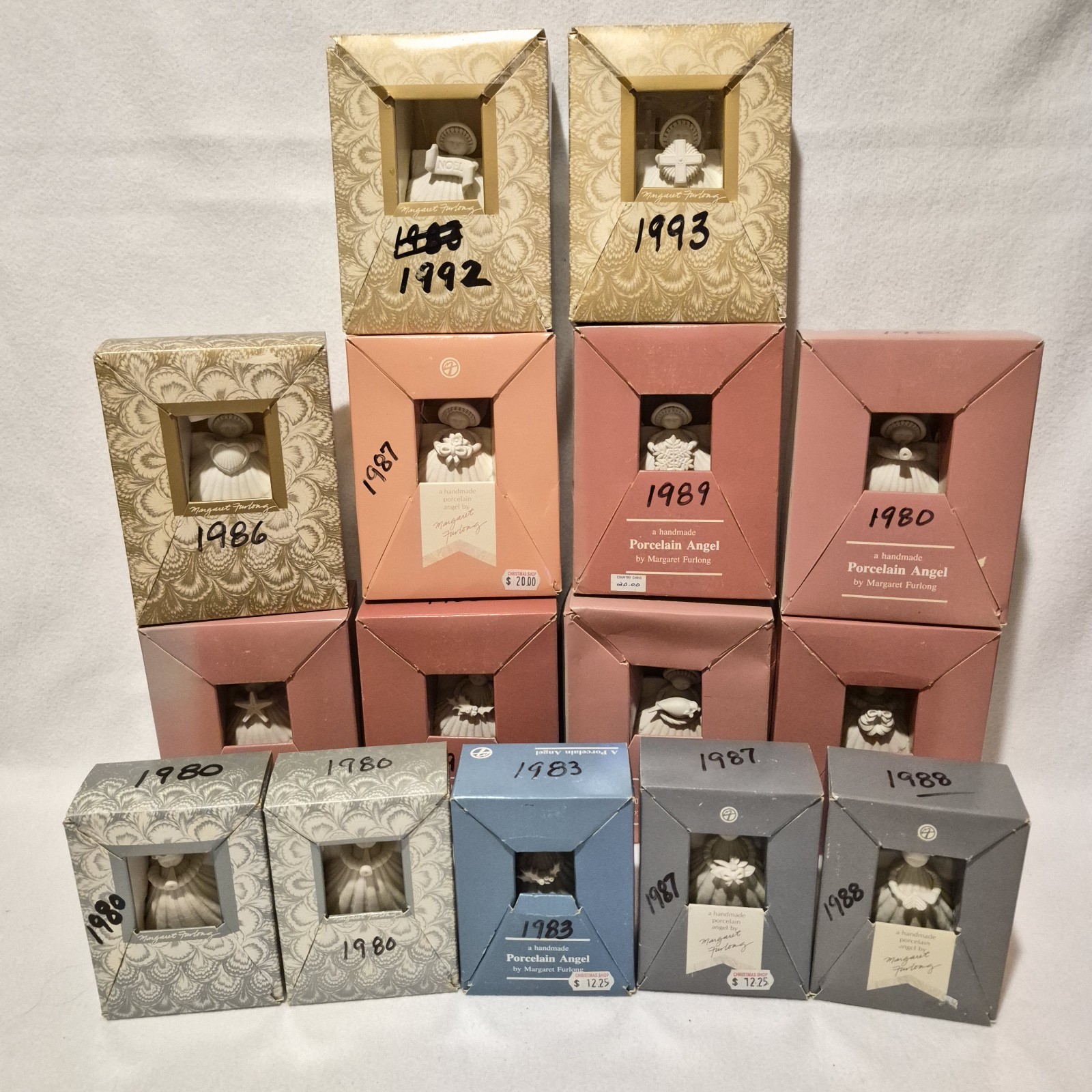 15 Margaret Furlong Porcelain Angel Shell Ornaments Mostly 1980\'s Christmas