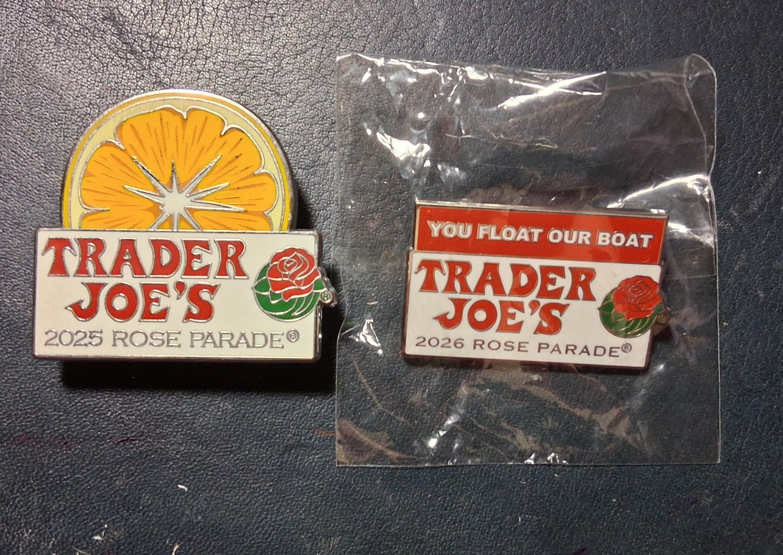 2 Trader Joe\'s Rose Parade 2025 Orange Slice & 2026 Rose Parade Enamel Pins