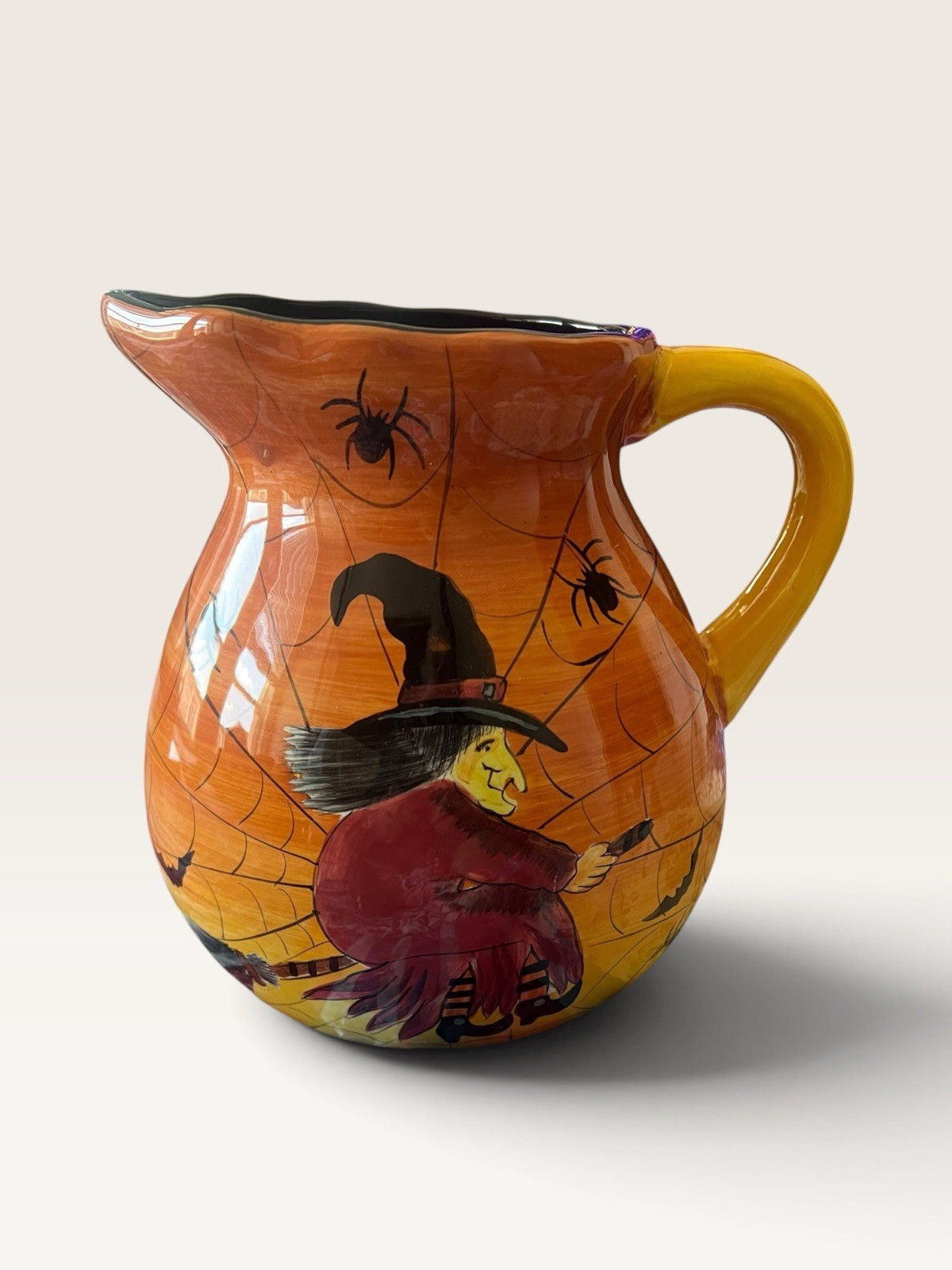 GATES WARE by Laurie Gates- Flying Witch/Pumpkin/Halloween -7in Pitcher