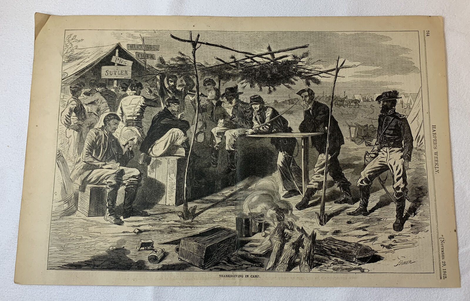 1862 magazine engraving~11x16~THANKSGIVING IN THE UNION CAMP Winslow Homer
