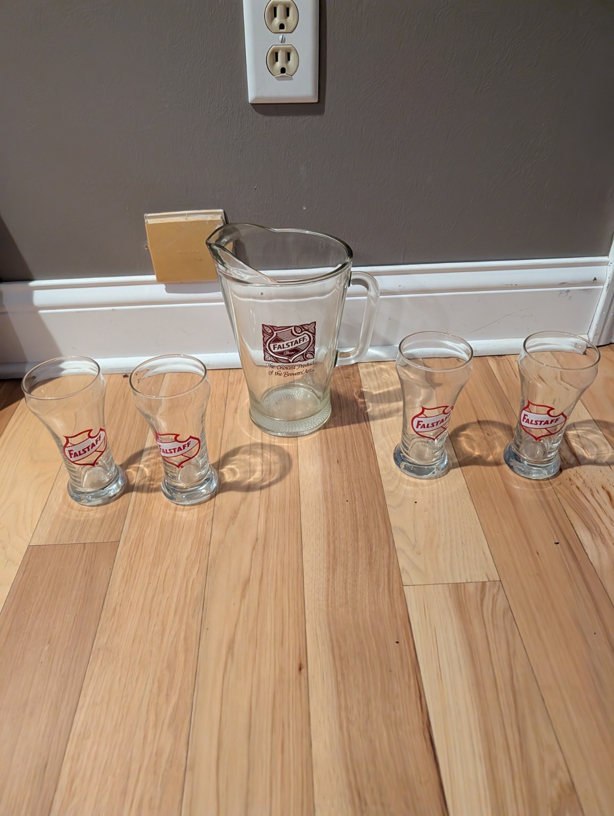 Vintage Falstaff Beer Glass Pitcher Four Glass Beer Mugs Display 
