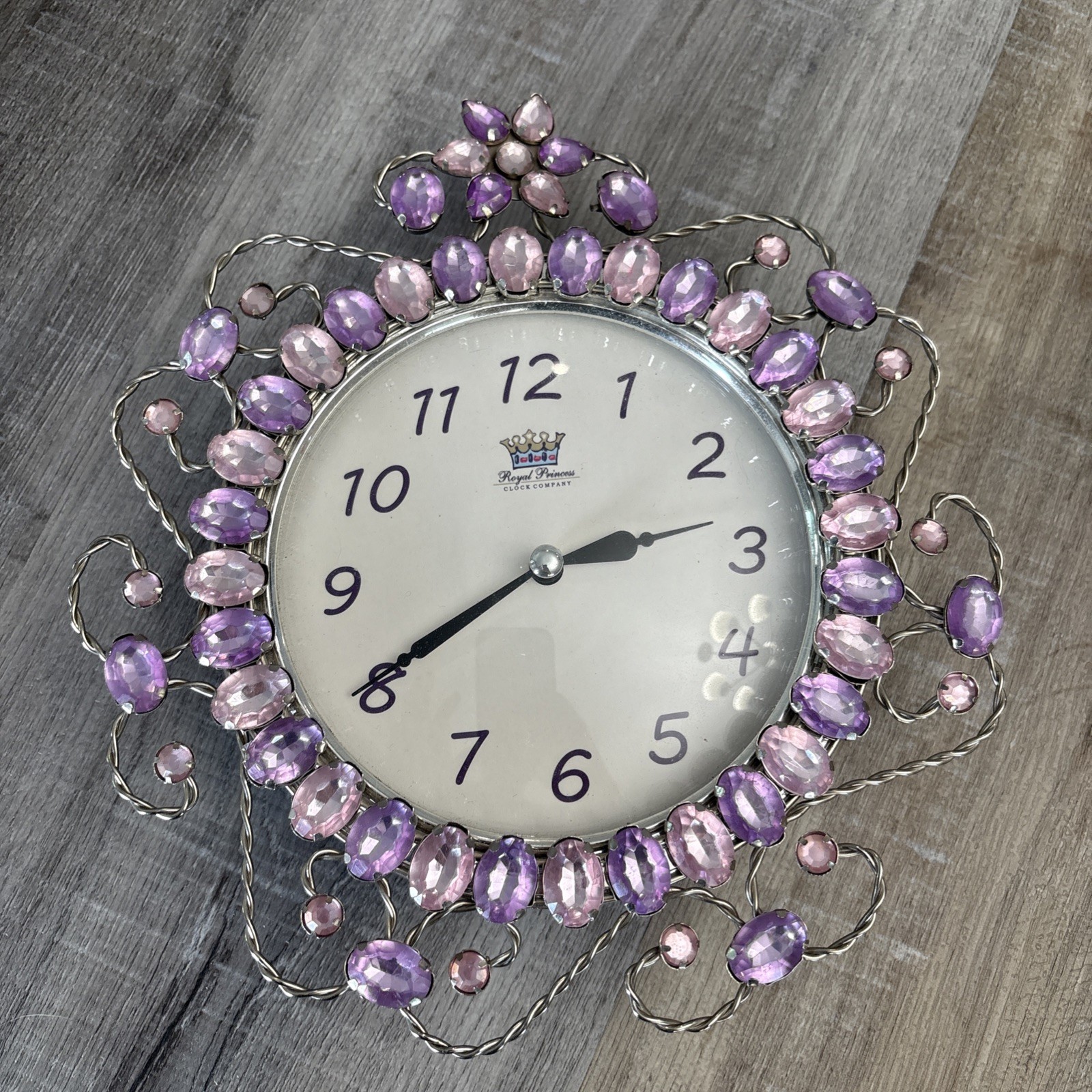 Royal Princess Clock Co Wall Clock Sterling Noble Pink Purple Glam Jewels-Works