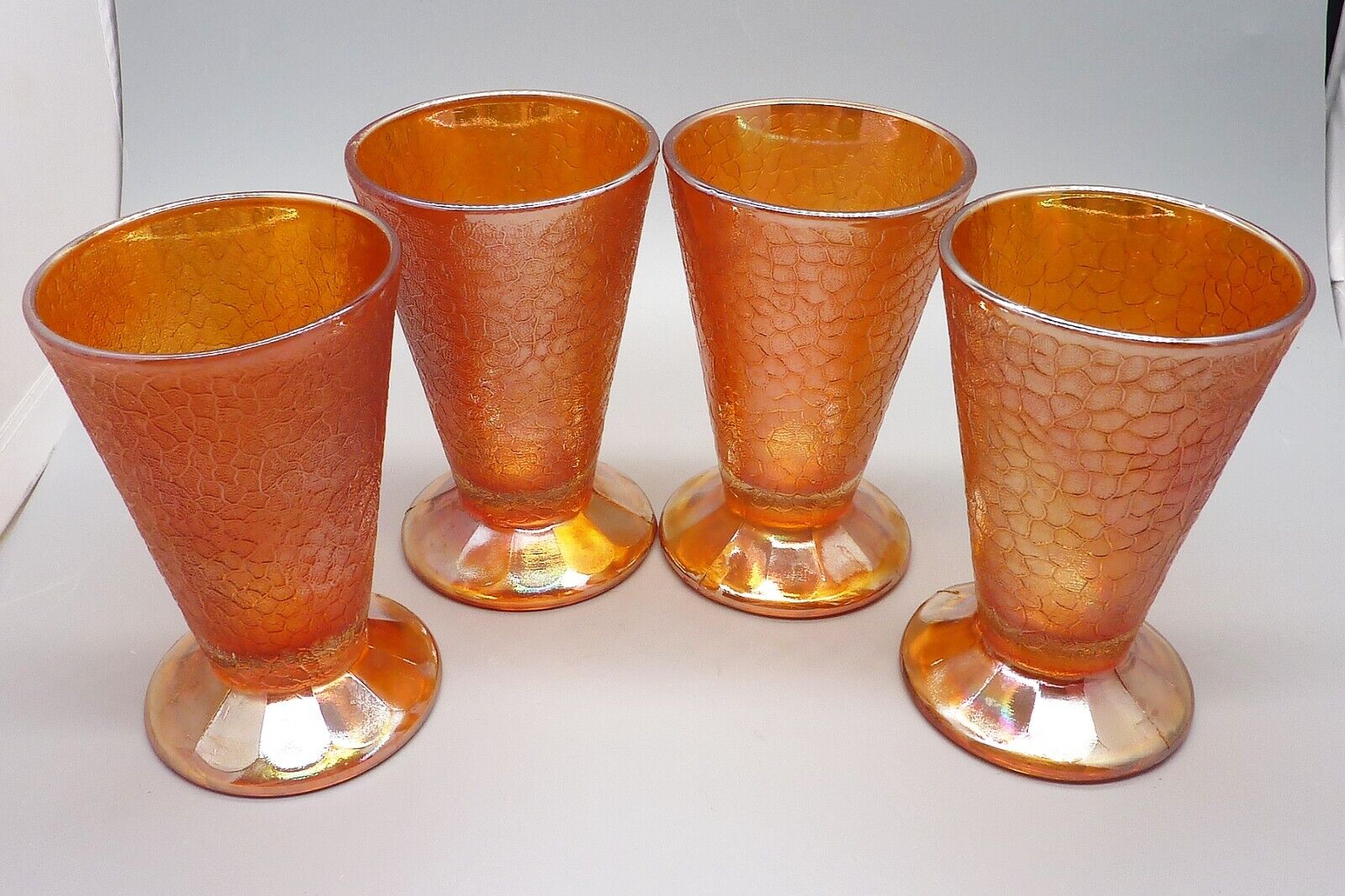Vtg Lot 4 Jeanette Crackle Marigold Carnival Glass Footed Tumbler 4.75\