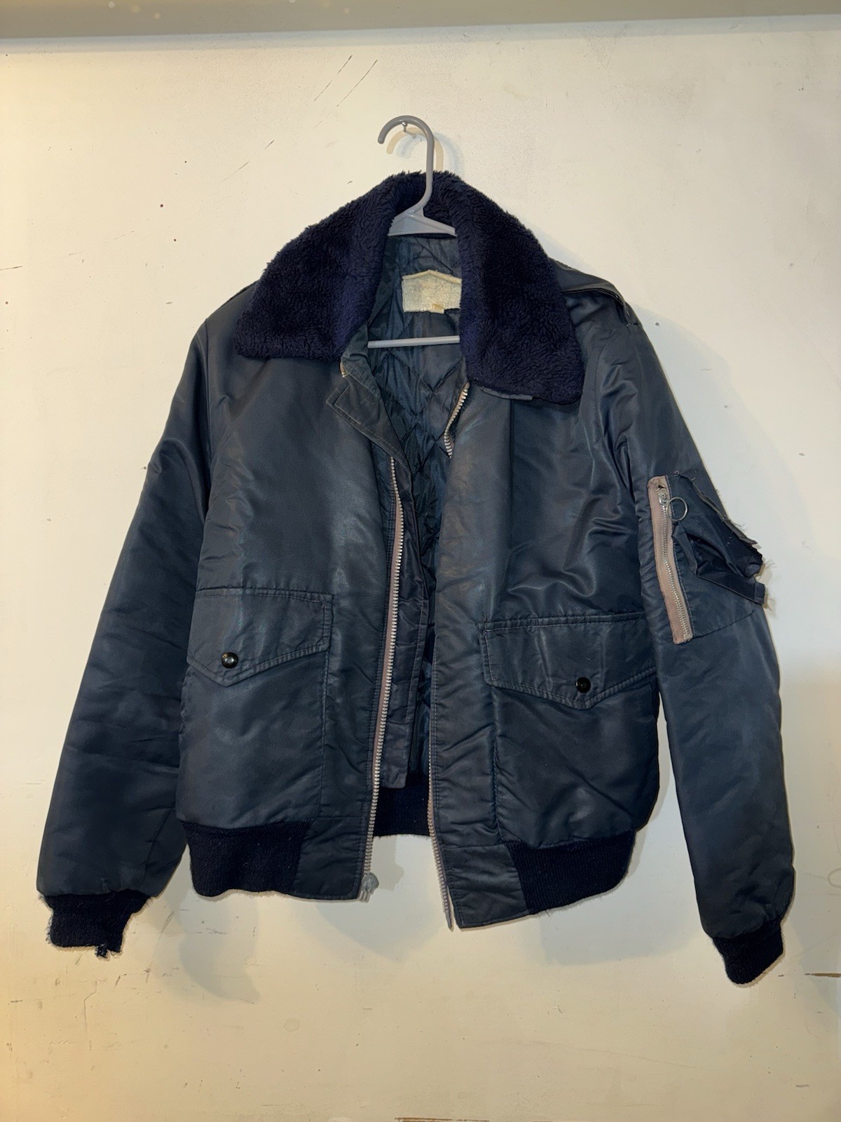 VINTAGE Blue Schott NYC  Fur Collar Bomber Jacket Flight Medium size B-15A