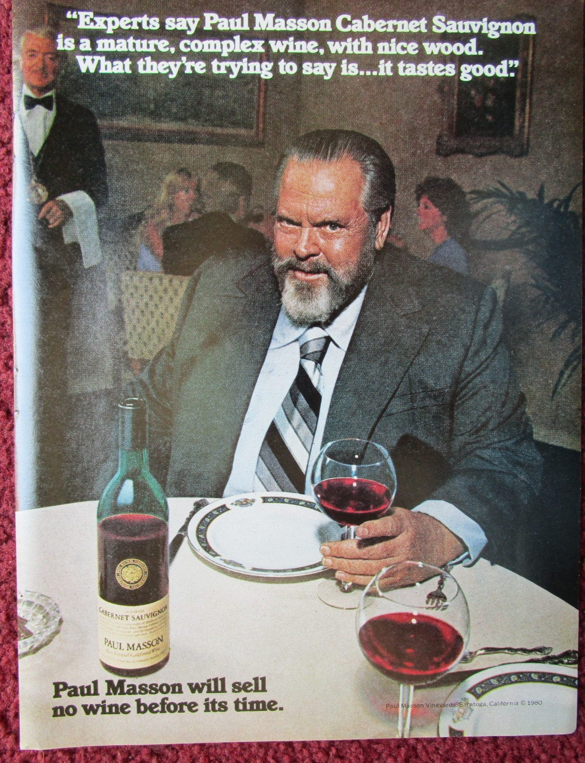 1980 PAUL MASSON Cabernet Sauvignon Red Wine Print Ad ~ ORSON WELLES Experts Say