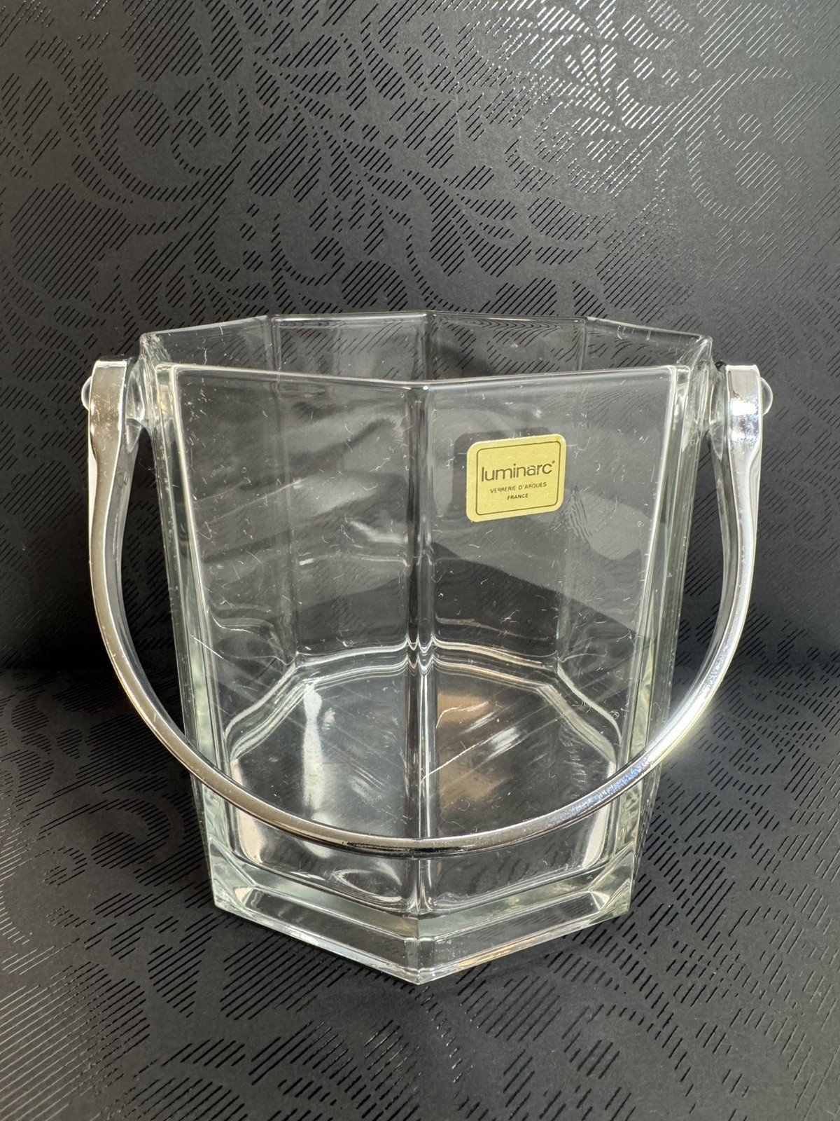 Vintage Luminarc France Glass Ice Bucket Octagon Clear Acrylic Handle MCM