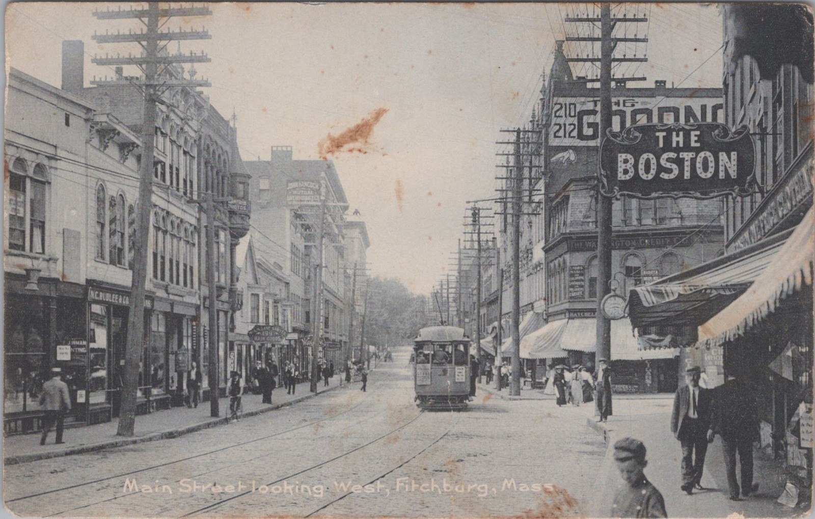 Main Street Fitchburg MA Trolley Streetcar Boston Sign Rotograph 1900s Postcard