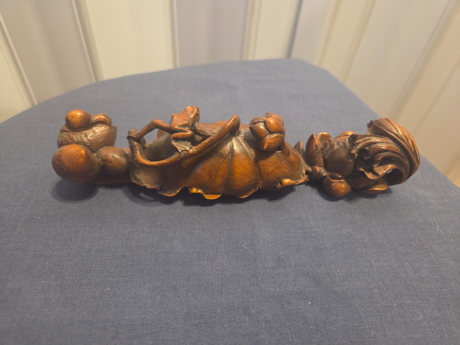 Vintage Chinese Carved Hardwood Spoon Tray Set Frog Lotus Bamboo 2 Pc