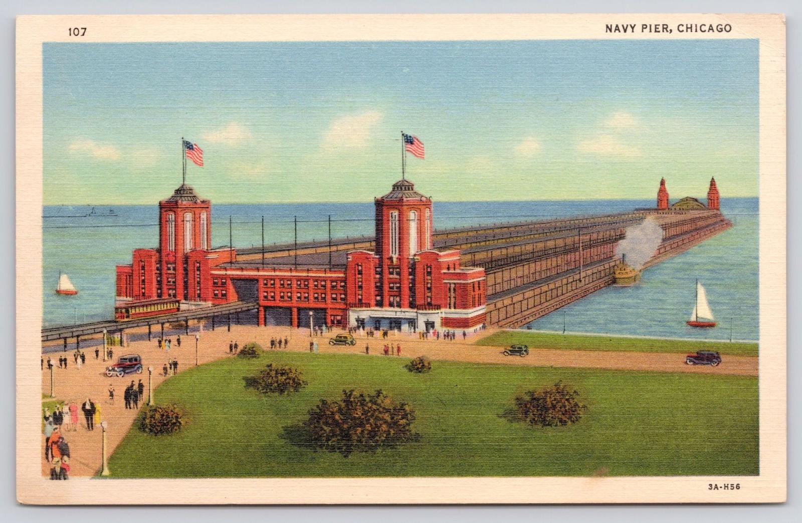 Navy Pier Chicago IL Vintage Linen Postcard Unposted People Boats Street Car Navy Pier Chicago IL Vintage Linen Postcard Unposted People Boats Street Car