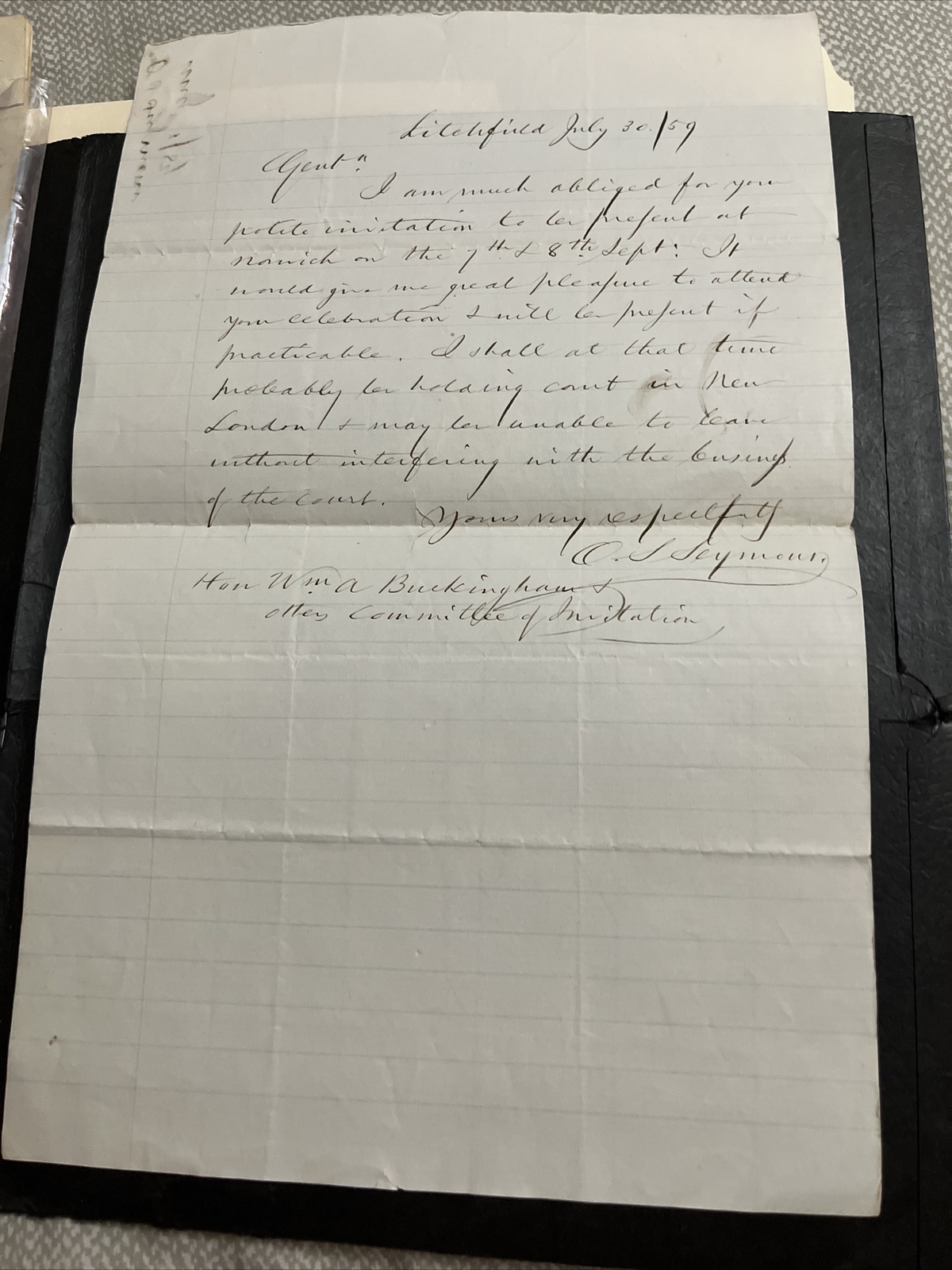 1859 RSVP Letter from O. S. Seymour, Chief Justice of Connecticut Supreme Court