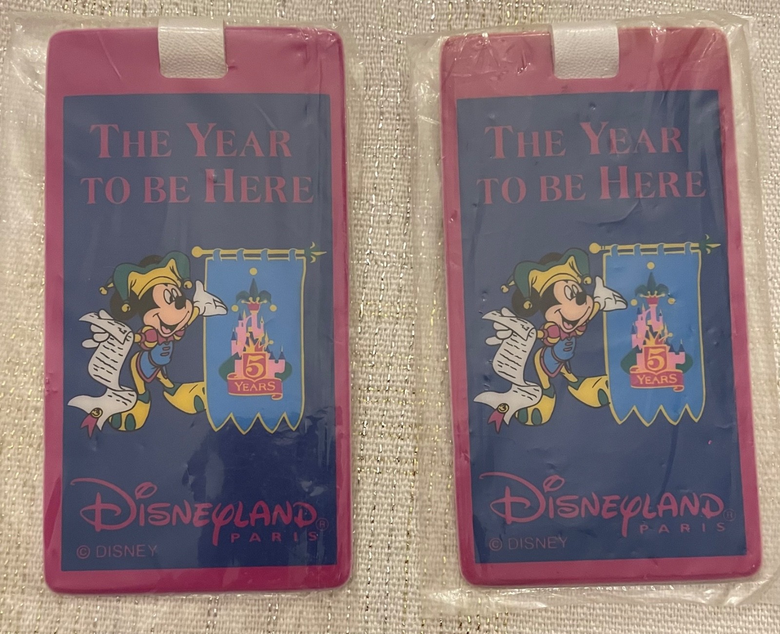 VTG 1997 Disneyland Paris 5th Anniversary Luggage Tags Pair Sealed Jester NIP