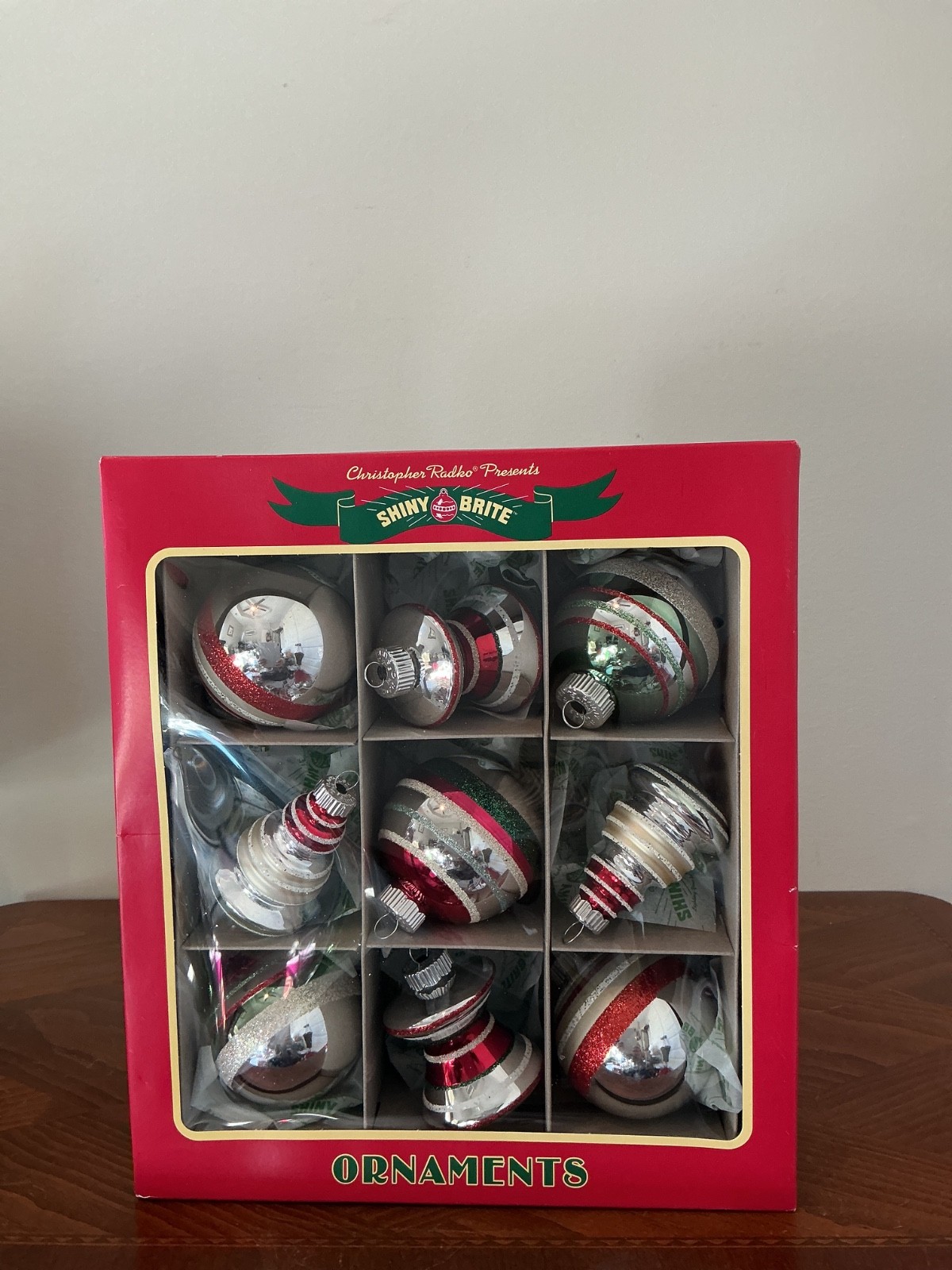 boxed set of retro-style glass Christmas tree ornaments from Christopher Radko