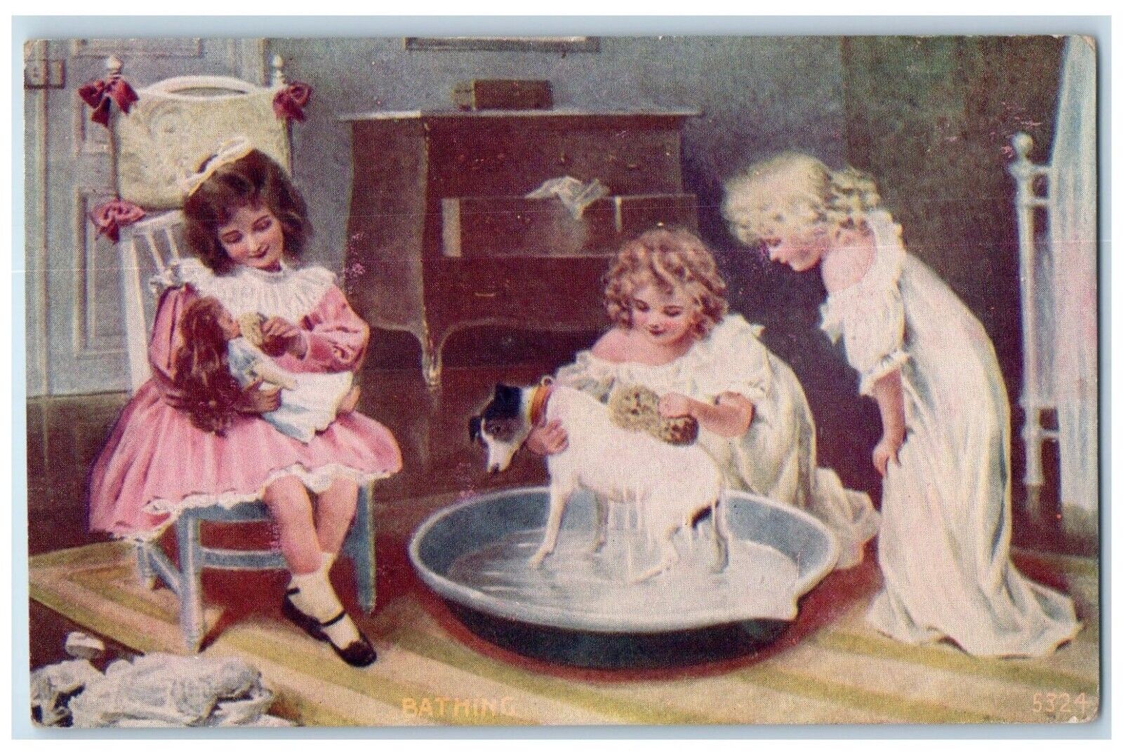 c1910's Children Girls Bathing Puppy Dog Doll Unposted Antique Postcard