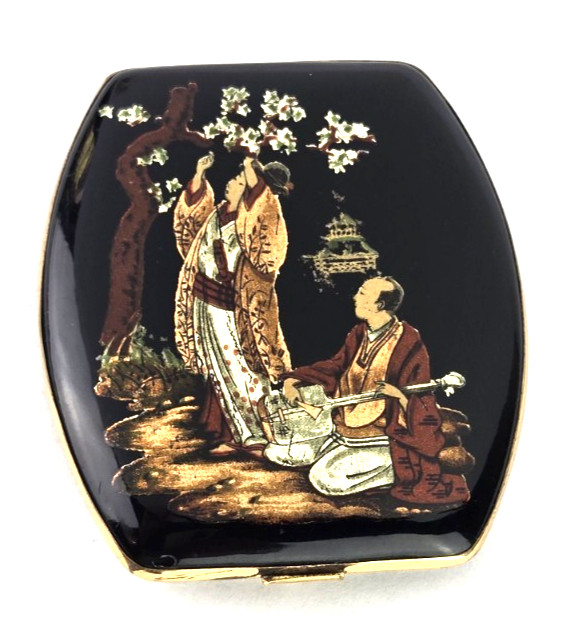 VTG 1950 Japanese Damascene Powder Compact 24k Gold Shakado Cherry Blossom Scene
