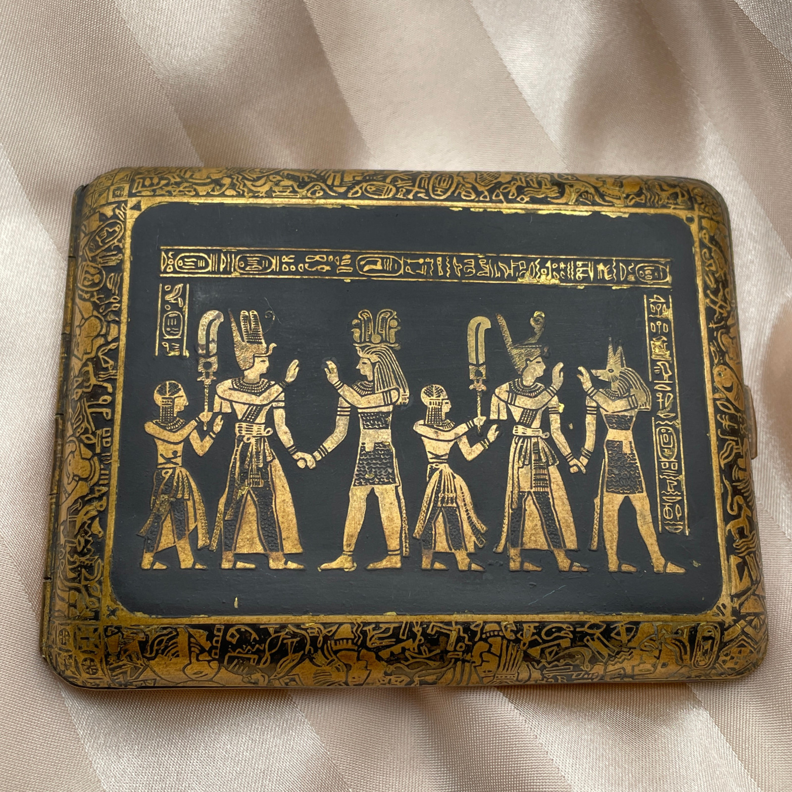 Vintage Damascene Cigarette Case with Egyptian Revival Design, Marked K24