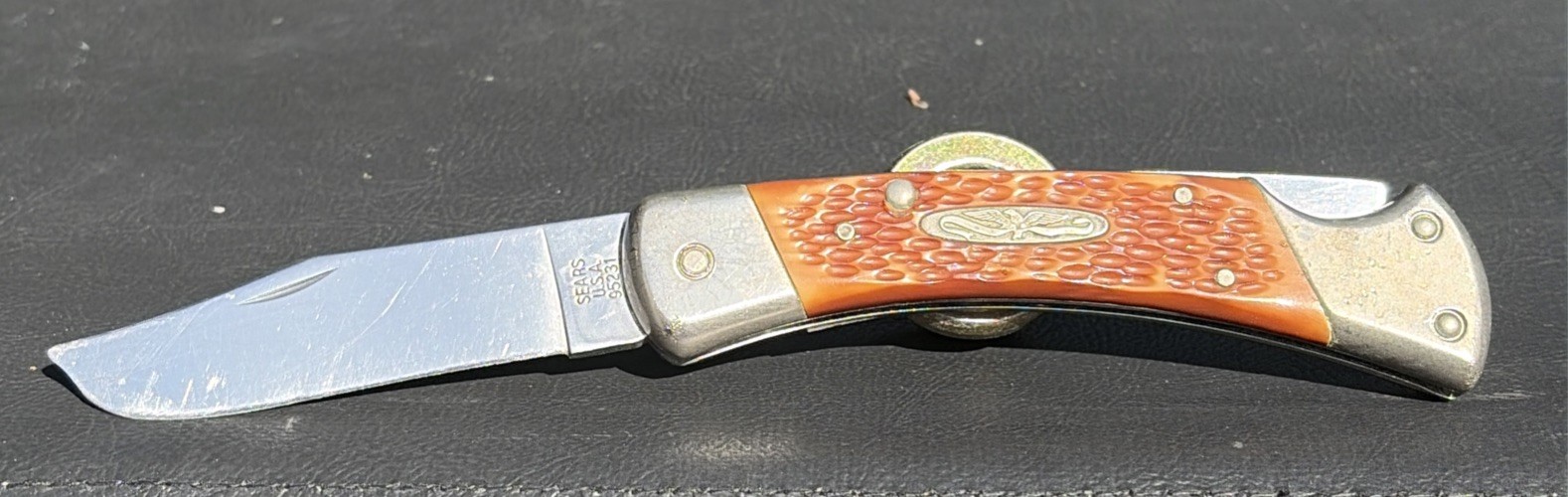 Vintage 1980s Sears U.S.A. 95231 Stainless Blade Large Lockback Knife Eagle Vintage 1980s Sears U.S.A. 95231 Stainless Blade Large Lockback Knife Eagle