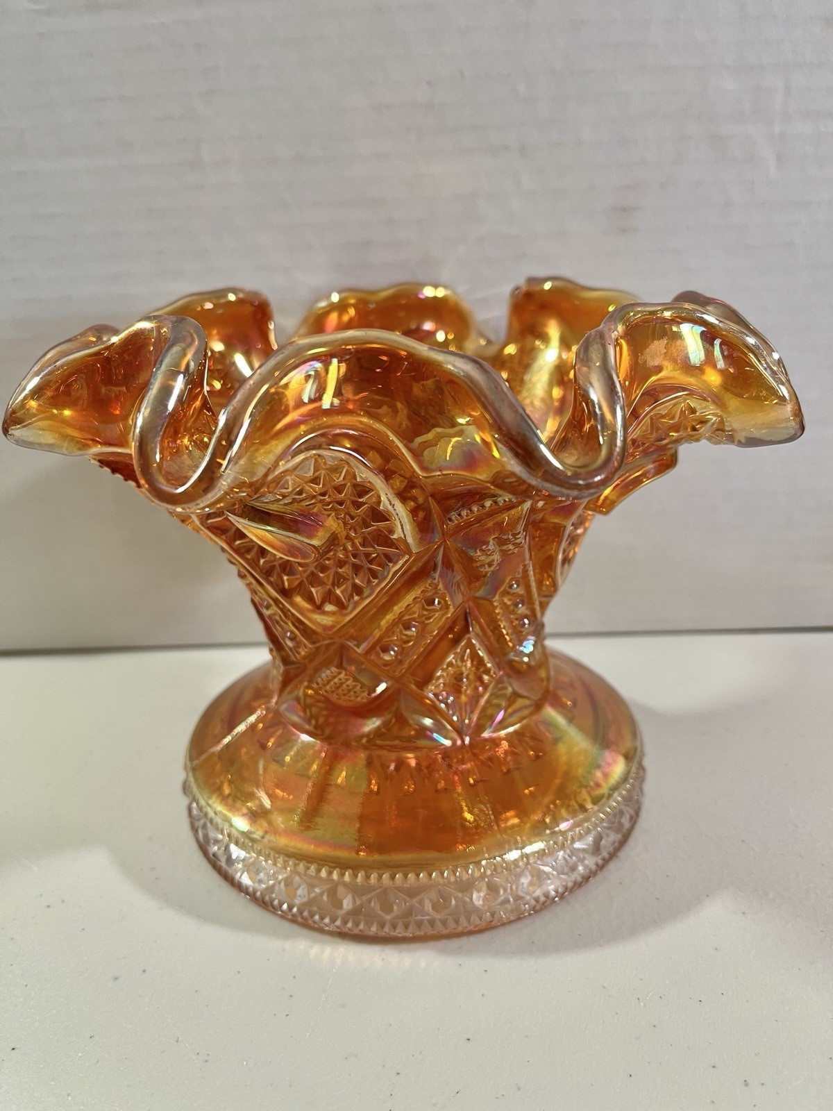 Imperial Marigold Iridescent Carnival Glass Punch Bowl Base Diamond Lace Hobstar