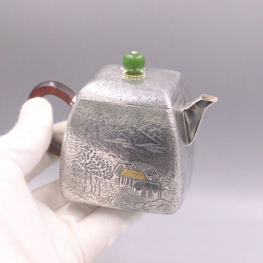 Fine 999 Pure Silver Teapot Square Handmade Tea Collectible Vintage Tea Pot  