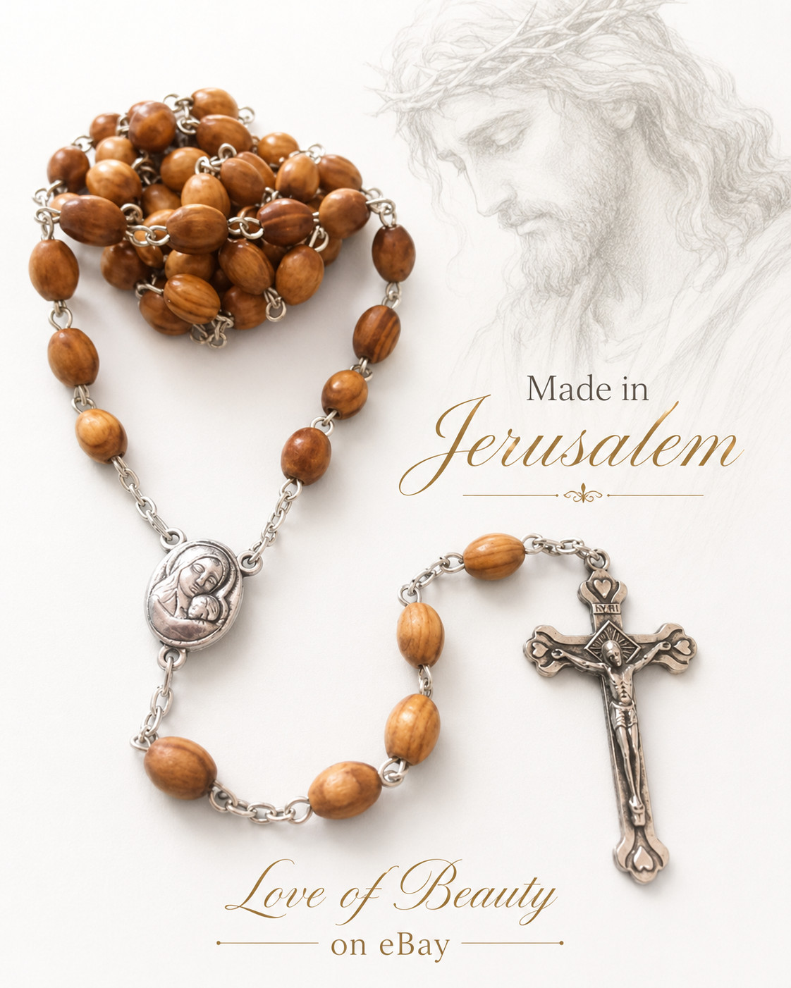 CATHOLIC ROSARY Olive Wood Necklace+pouch Handmade in JERUSALEM ~ FAST US SELLER