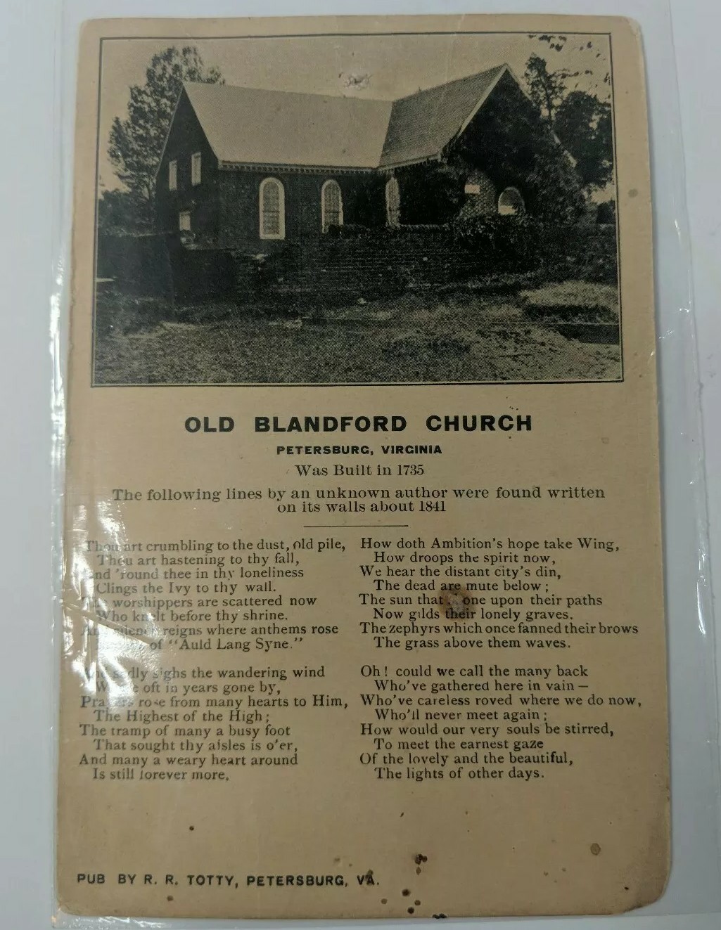Old VTG Postcard Old Blandford Church Pioneer Era Petersburg, Virginia R.R Totty
