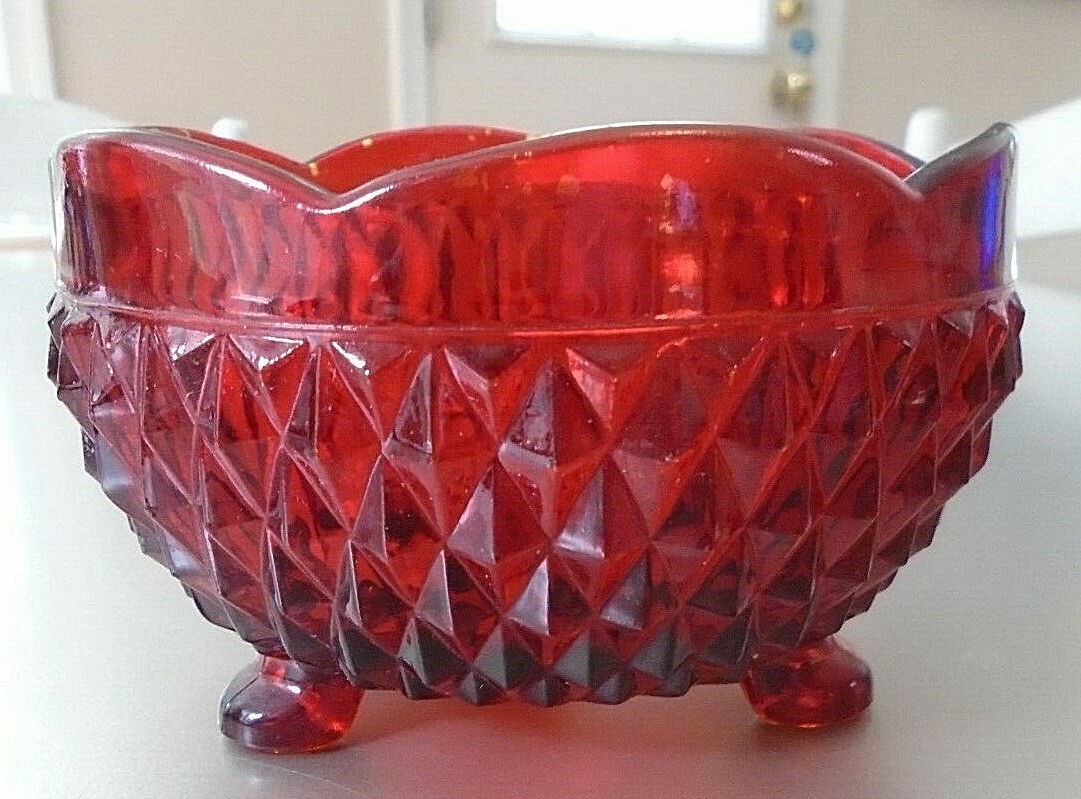 Vintage Indiana Diamond Point Bowl Three Toed Amber Red Glass Dish