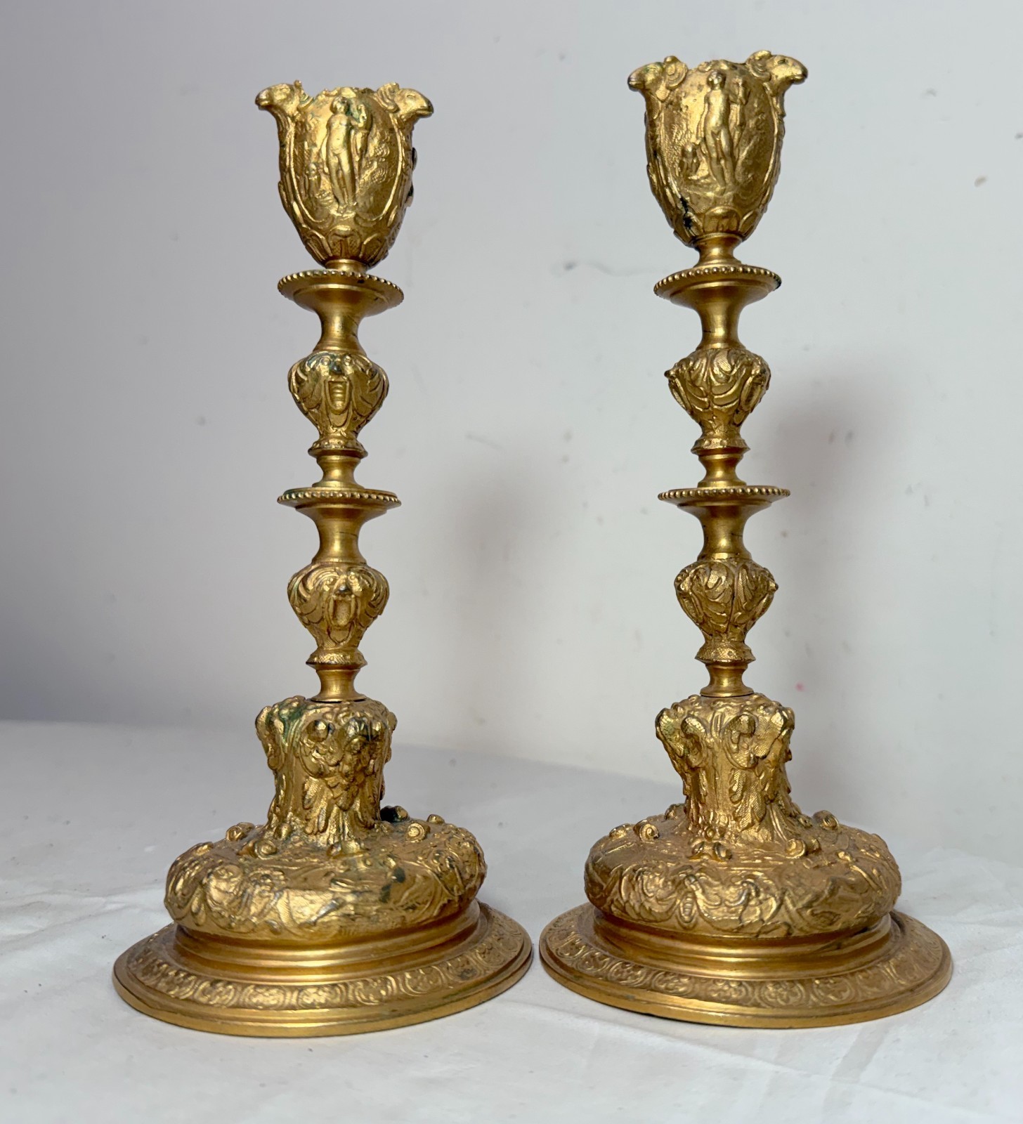 Pair antique ornate 1800\'s gilt bronze French figural candlestick candle holders