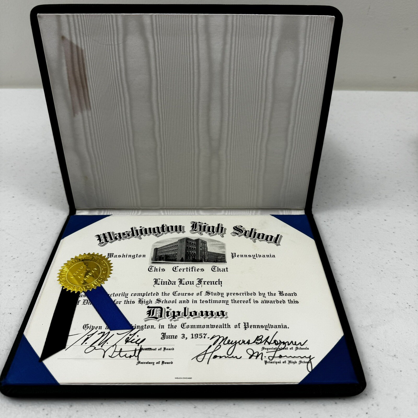 Vintage 1957 Washington High School Diploma Washington Pennsylvania