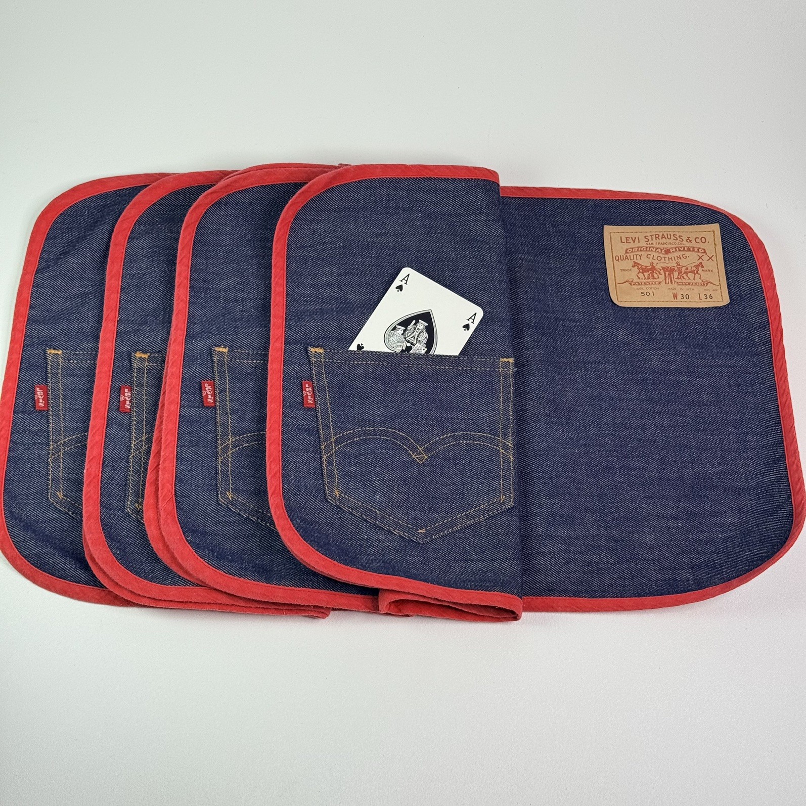 Vintage Levi Strauss 501 Denim Placemats Set of 4 Red Trim Pocket 20