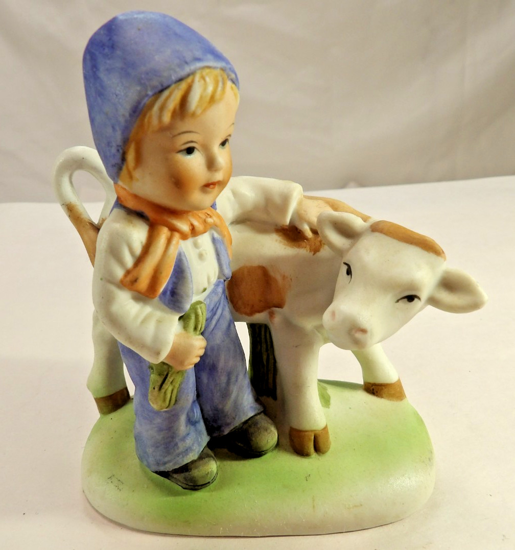Boy & Porcelain Cow Figurine Sculpture Unbranded Collectable