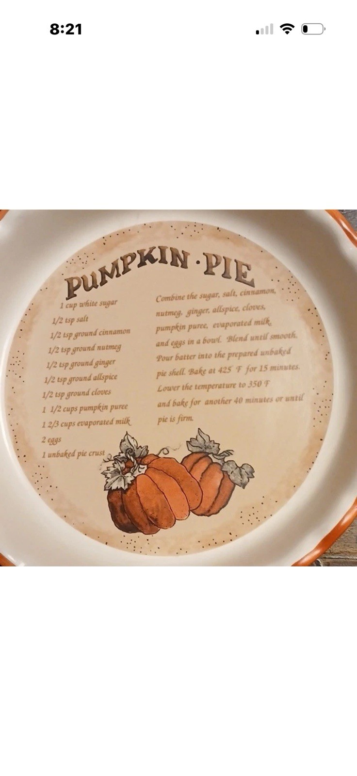 Vintage Rare Jo-ann Stores Pumpkin Pie Recipe 12 in. Ceramic Pie Dish 2005 