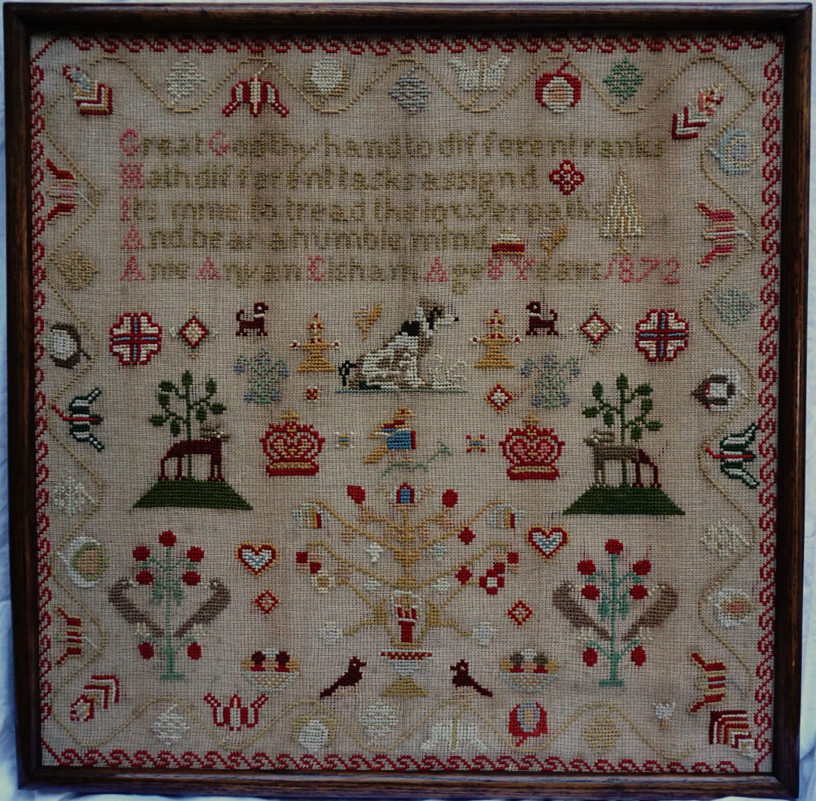 MID 19TH CENTURY WELSH? MOTIF & VERSE SAMPLER BY ANIE ANYAN LISHAM AGED 8 - 1872