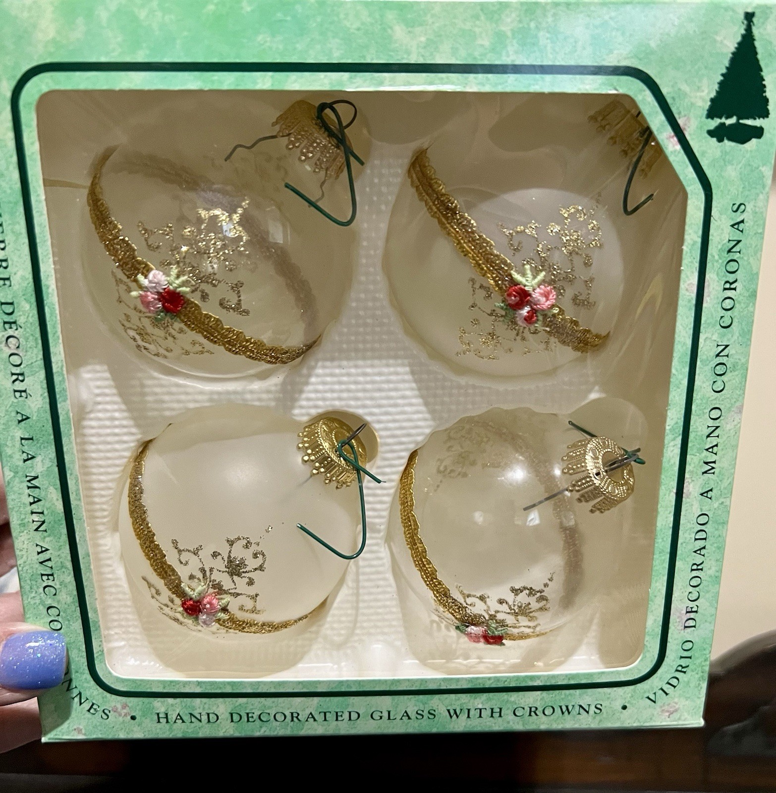 VTG Set of 4 2001 Gold Leaf Ornaments Decorated Glass Round Target Original Box