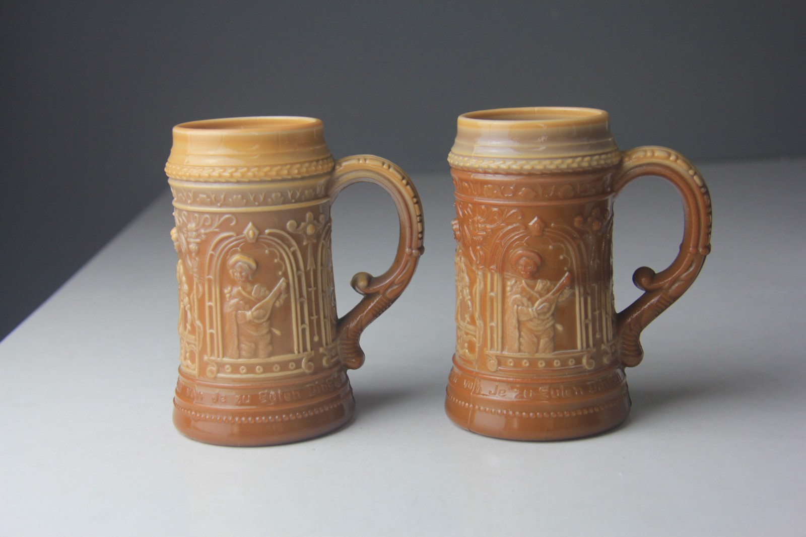 Pair of Westmoreland Greentown Serenade Brown Slag Glass Stein Mug