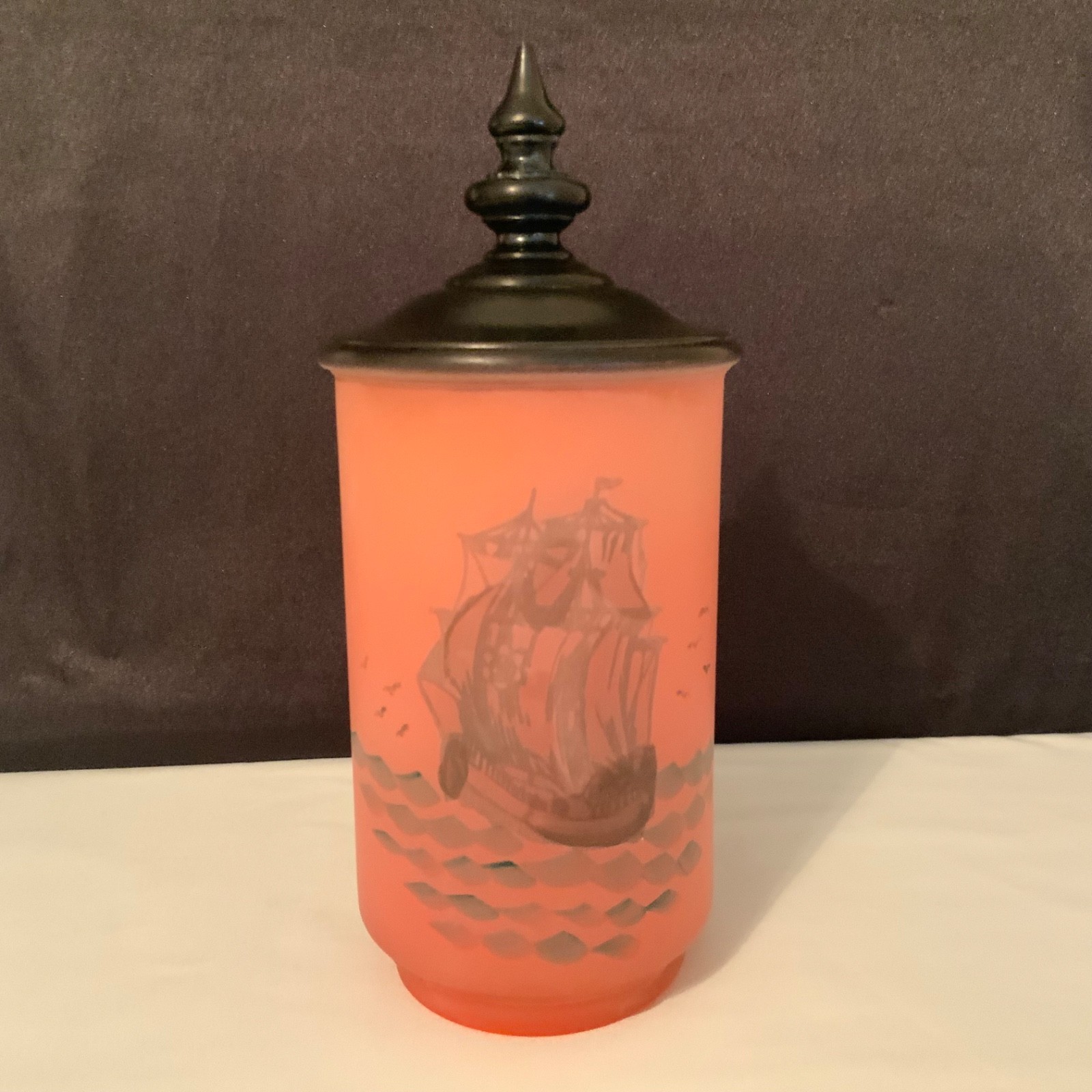 1920s Tiffin Glass Pink Satin Sailing Ship Lamp Shade 