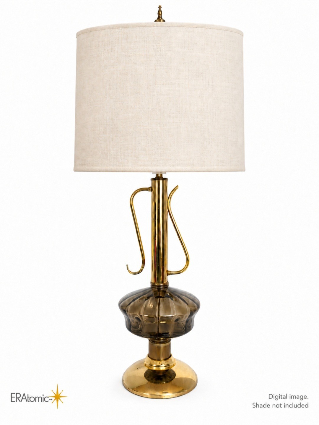 Vintage MCM Sculptural Tall Brass and Smoke Glass Table Lamp 35” Atomic