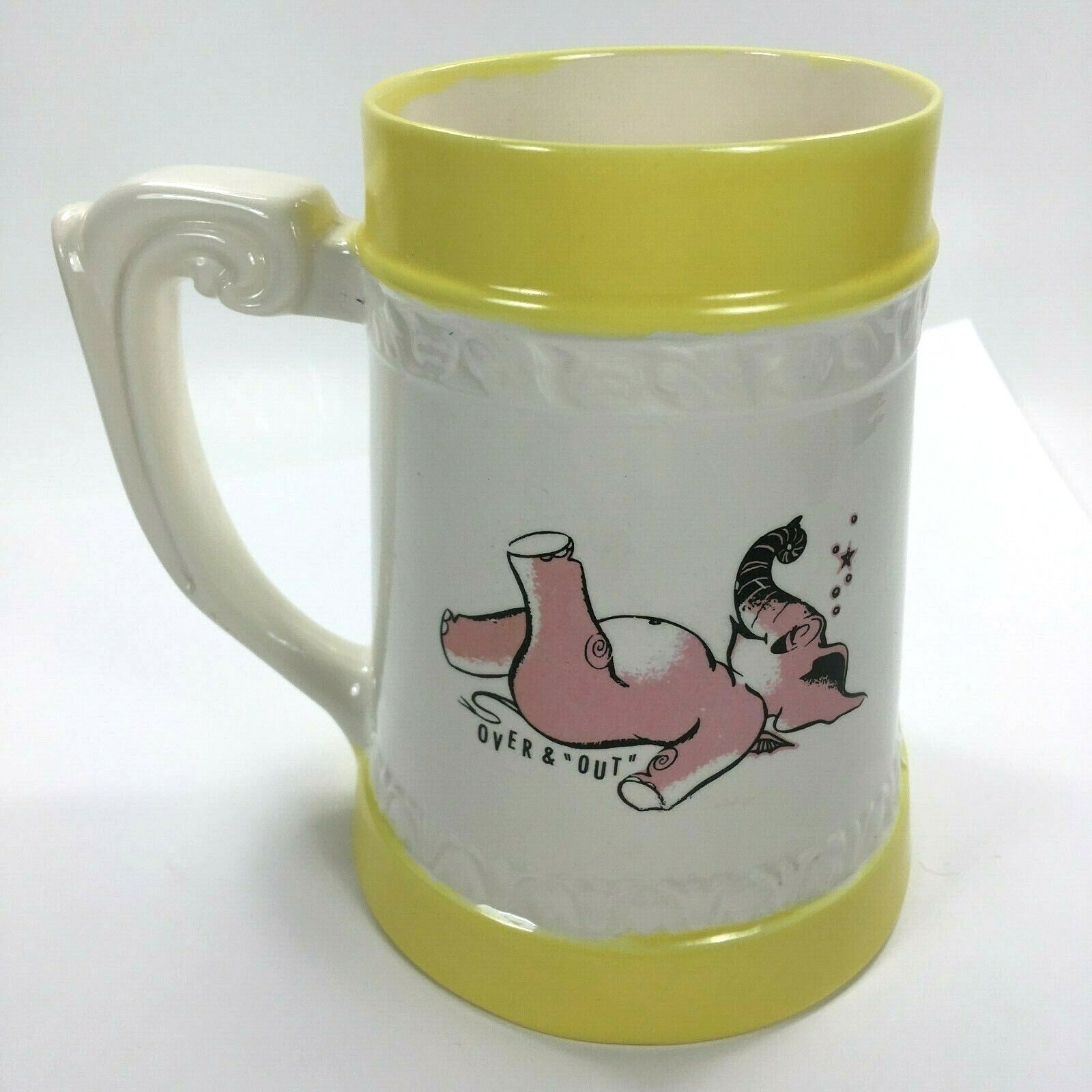 Vintage Yellow Rim White Ceramic Pink Elephant Bottoms Up Mug 1963 Mid-Century