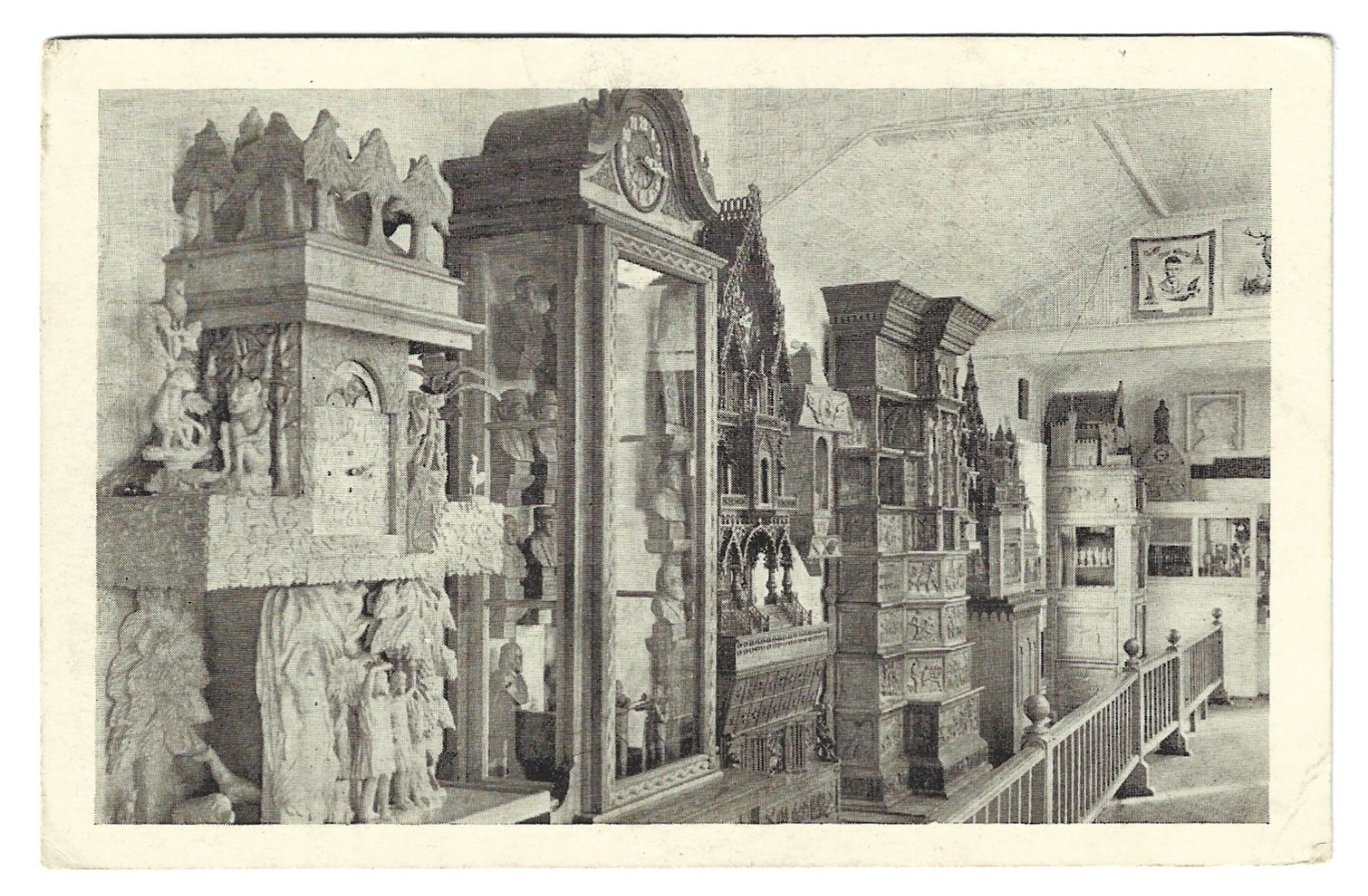 Antique Postcard Ridgeway, Iowa Clock Collection Carved Wood Art Interior View