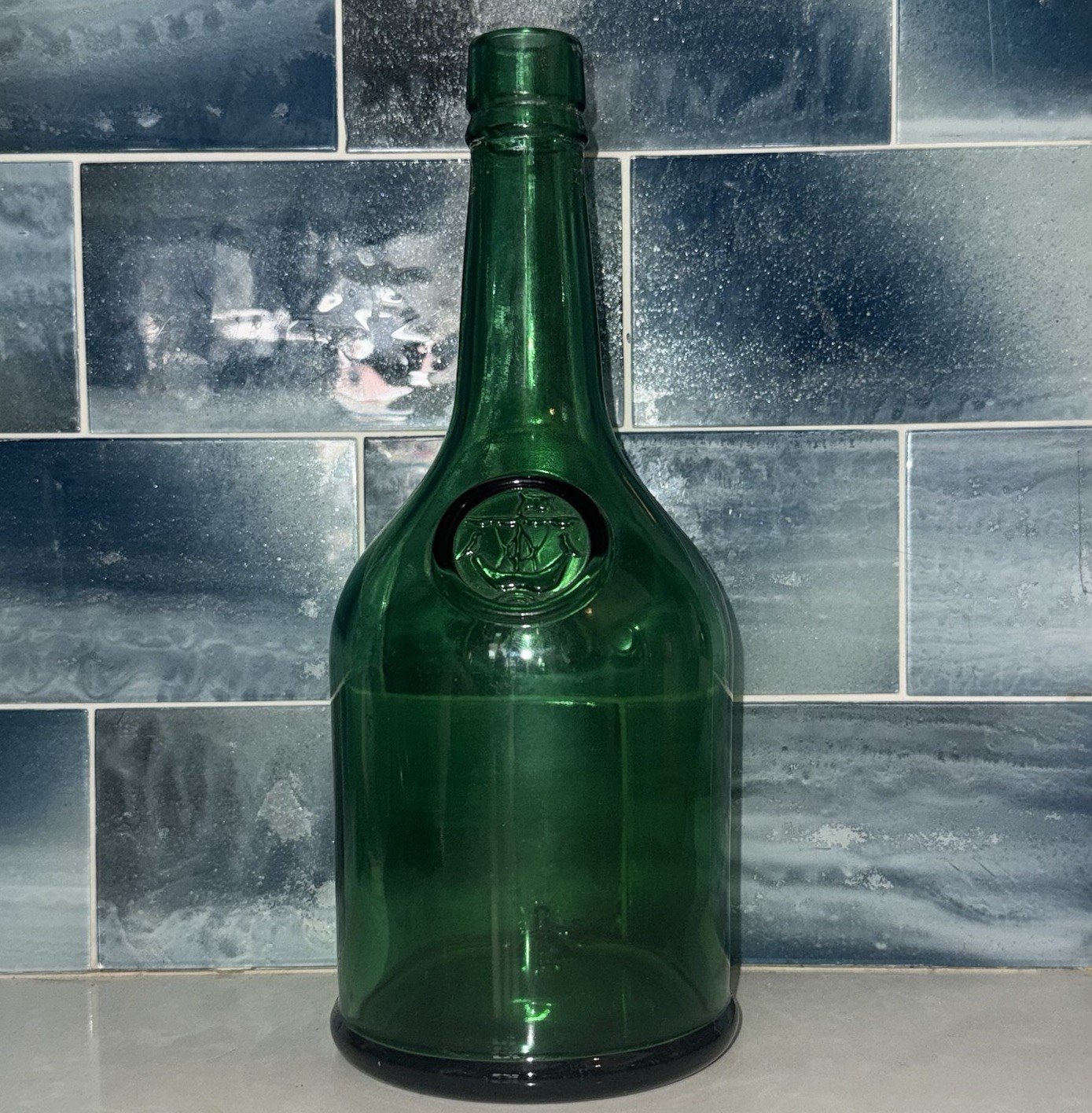 Antq CROFT Port Wine Bottle Embossed Nautical Ship Emerald Green Glass c.1900