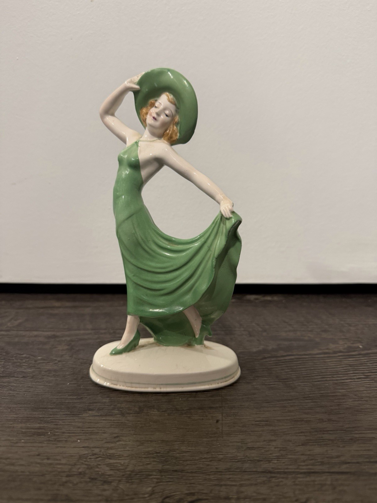 Vintage Royal Trico Japan Art Deco Lady Figurine Green Dress Hat Porcelain