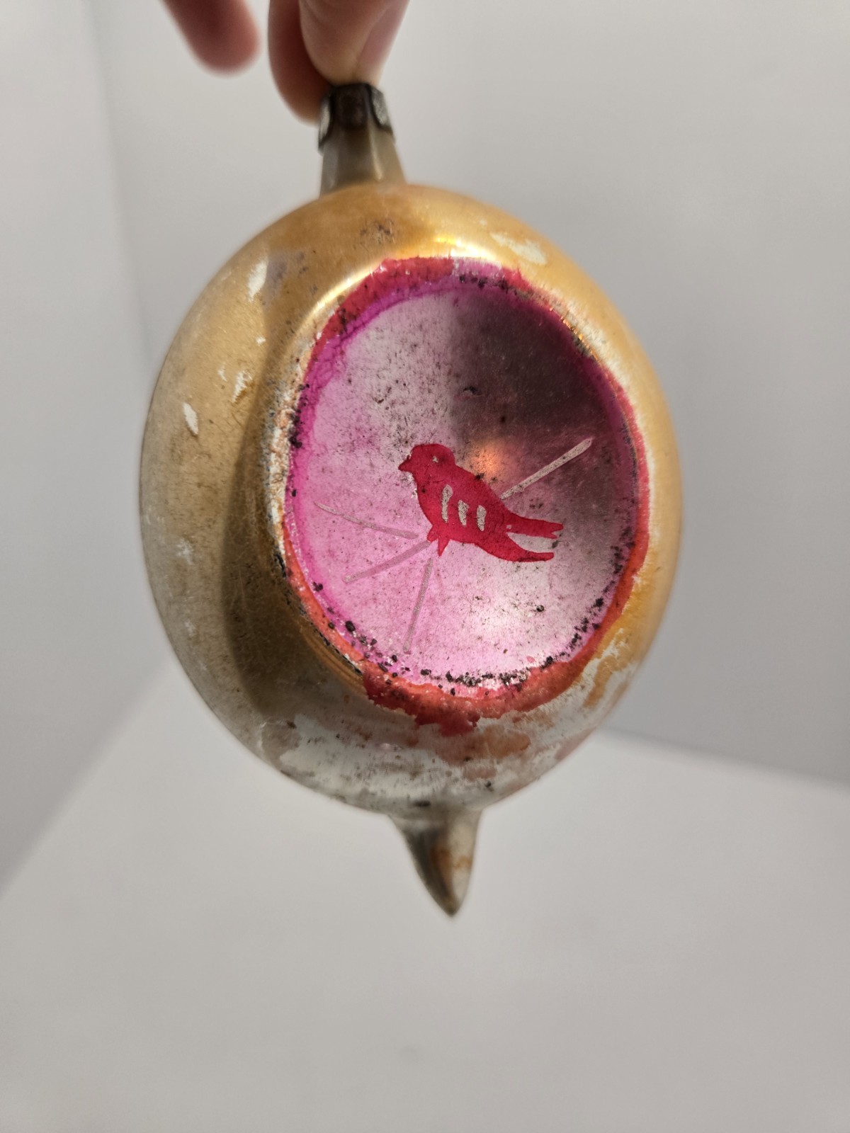 Vtg Gold Teardrop Triple Indent Painted Red Bird Poland Glass Christmas Ornament