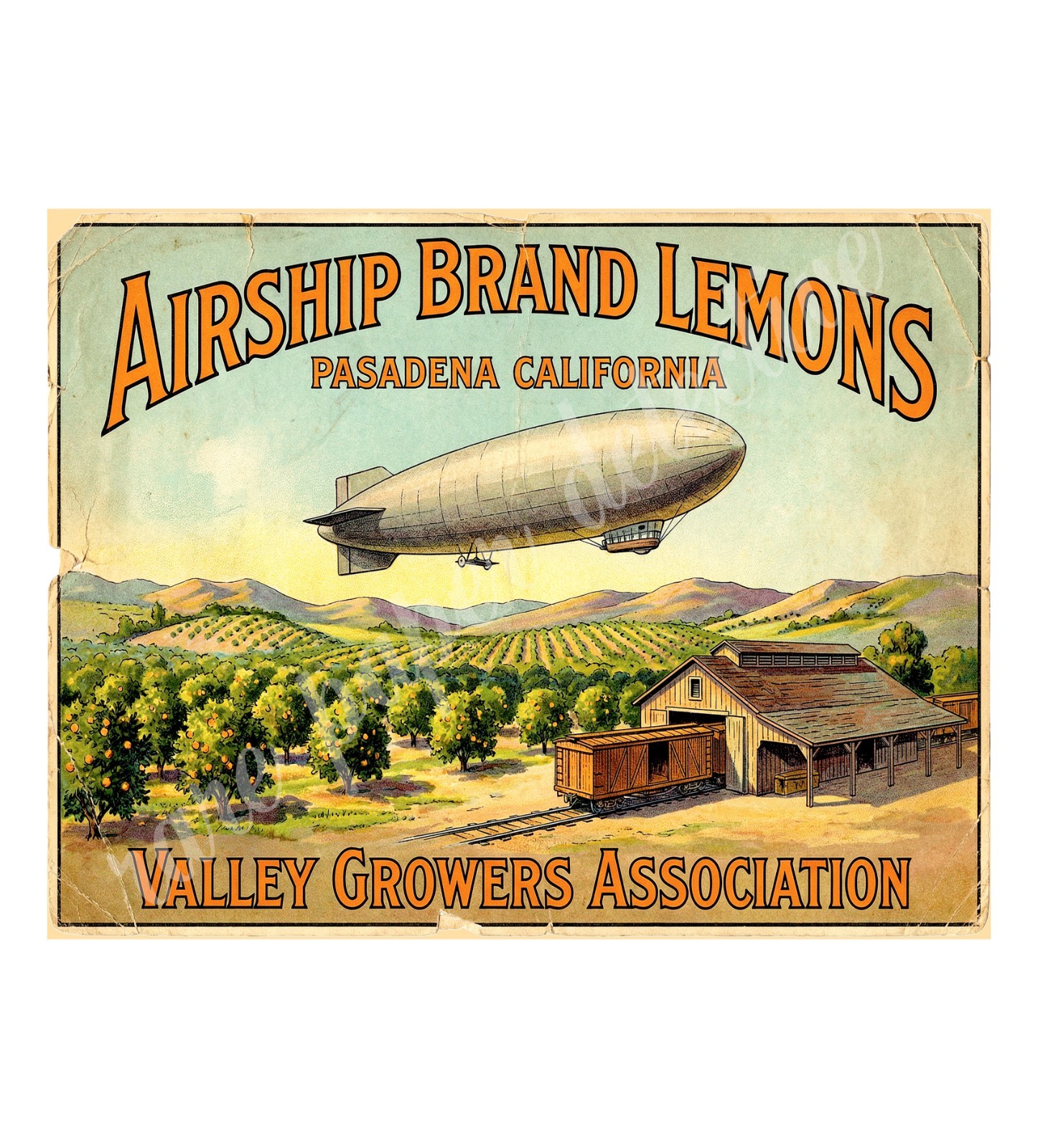 Airship Brand Lemons Pasadena 1950s Style Label, Retro Advertising 10.5\