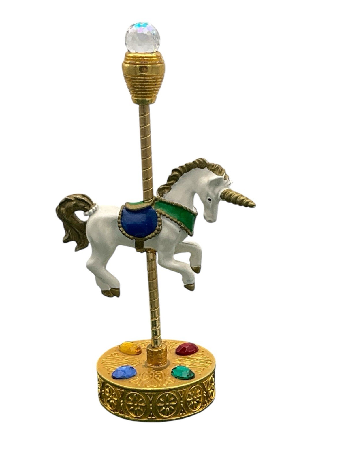Spoontiques 1980s Pewter Painted Carousel Horse Unicorn Crystal Ball Figurine