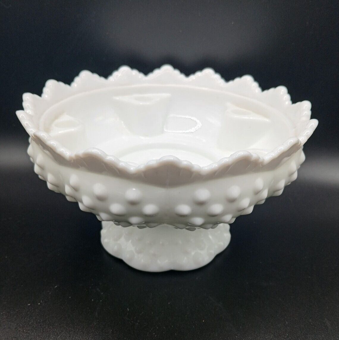 VINTAGE 1950\'S FENTON WHITE MILK GLASS HOBNAIL 6  CANDLE FOOTED BOWL  W/ STICKER