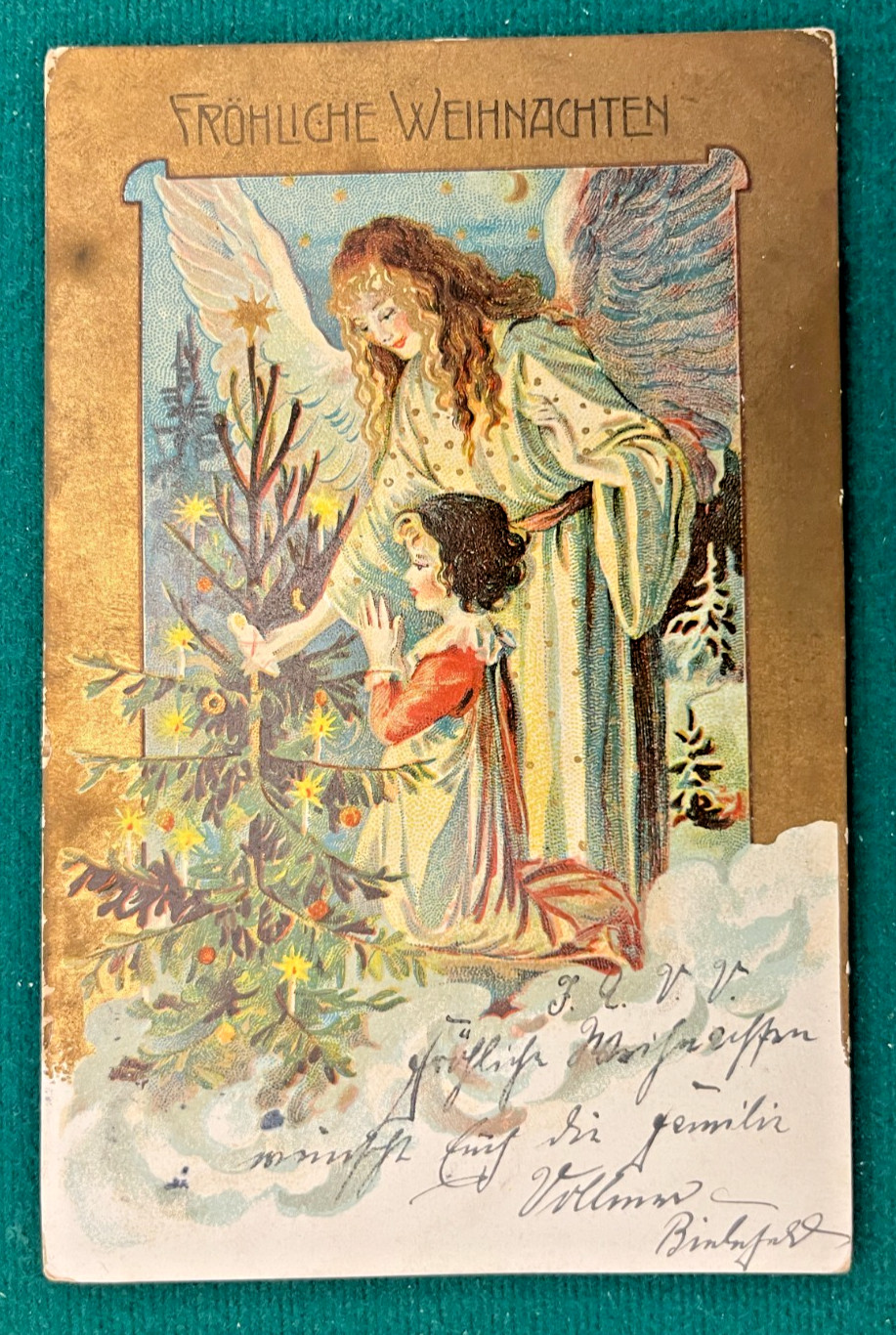 1904 German Christmas Angel & Child Postcard Bielefeld to St Louis USA