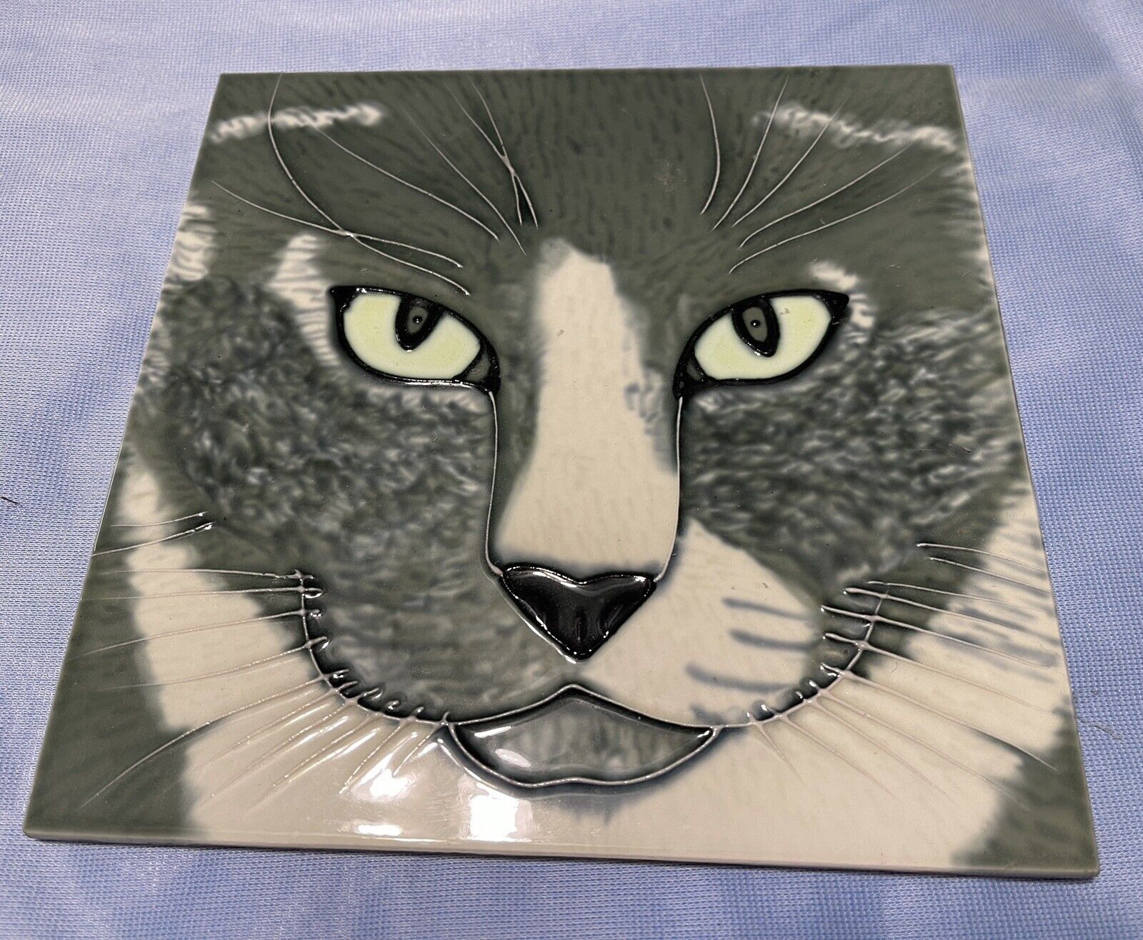 Green Eyed Gray Cat Hand Painted Textured 3 D Ceramic Art Tile 7 3/4 in Face