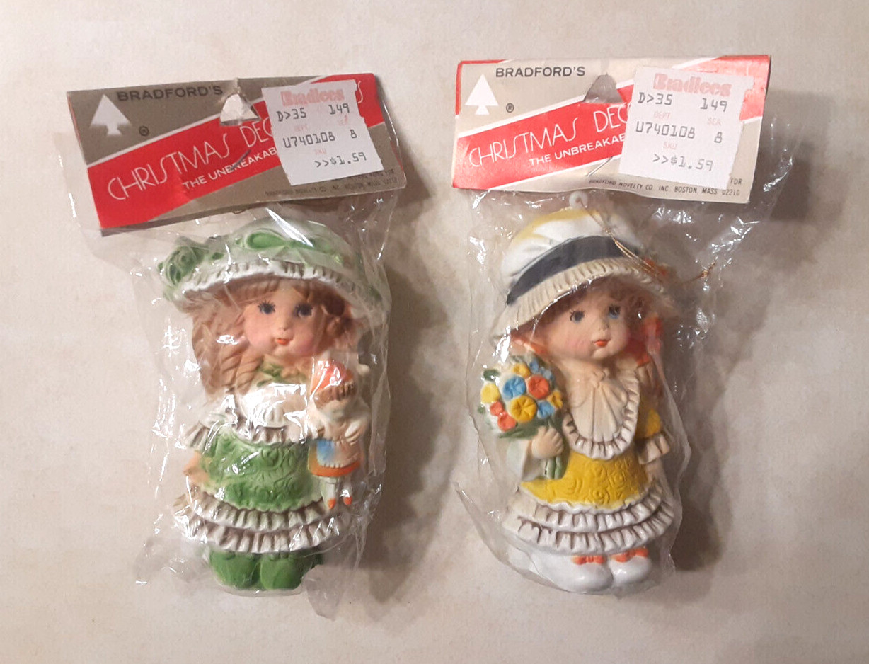 Vintage Bradford's Christmas Ornament Lot 1970s Girl w Flowers NEW OLD STOCK NOS
